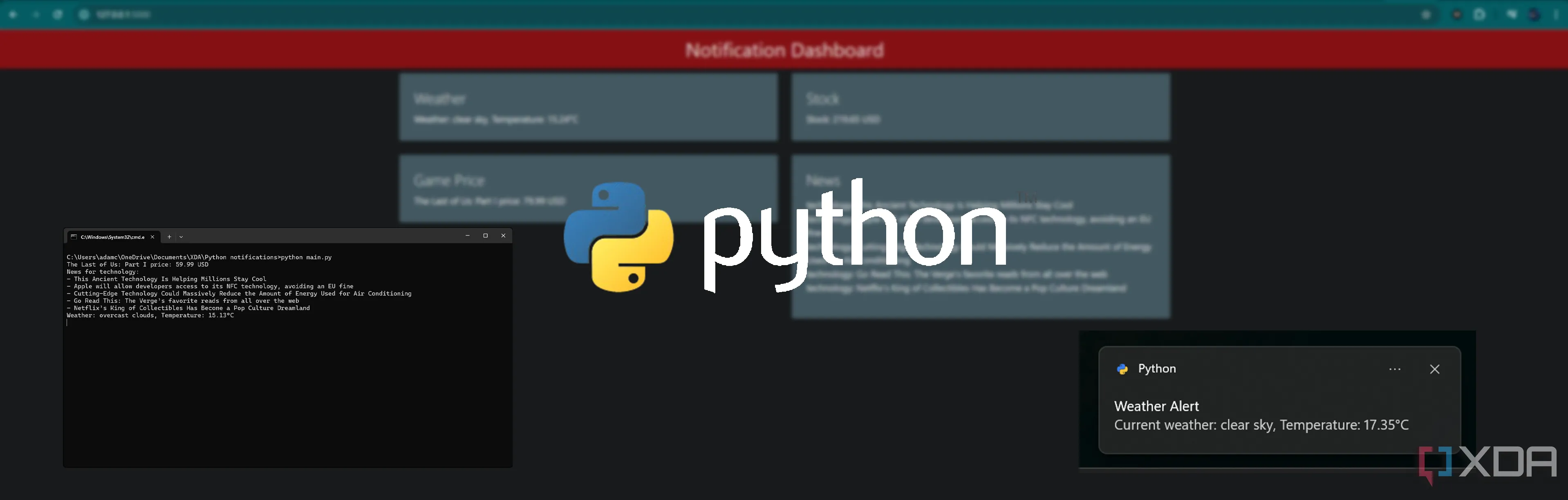 Hệ thống thông báo Python trên Windows theo dõi dữ liệu, bao gồm giá cổ phiếu và thời tiết