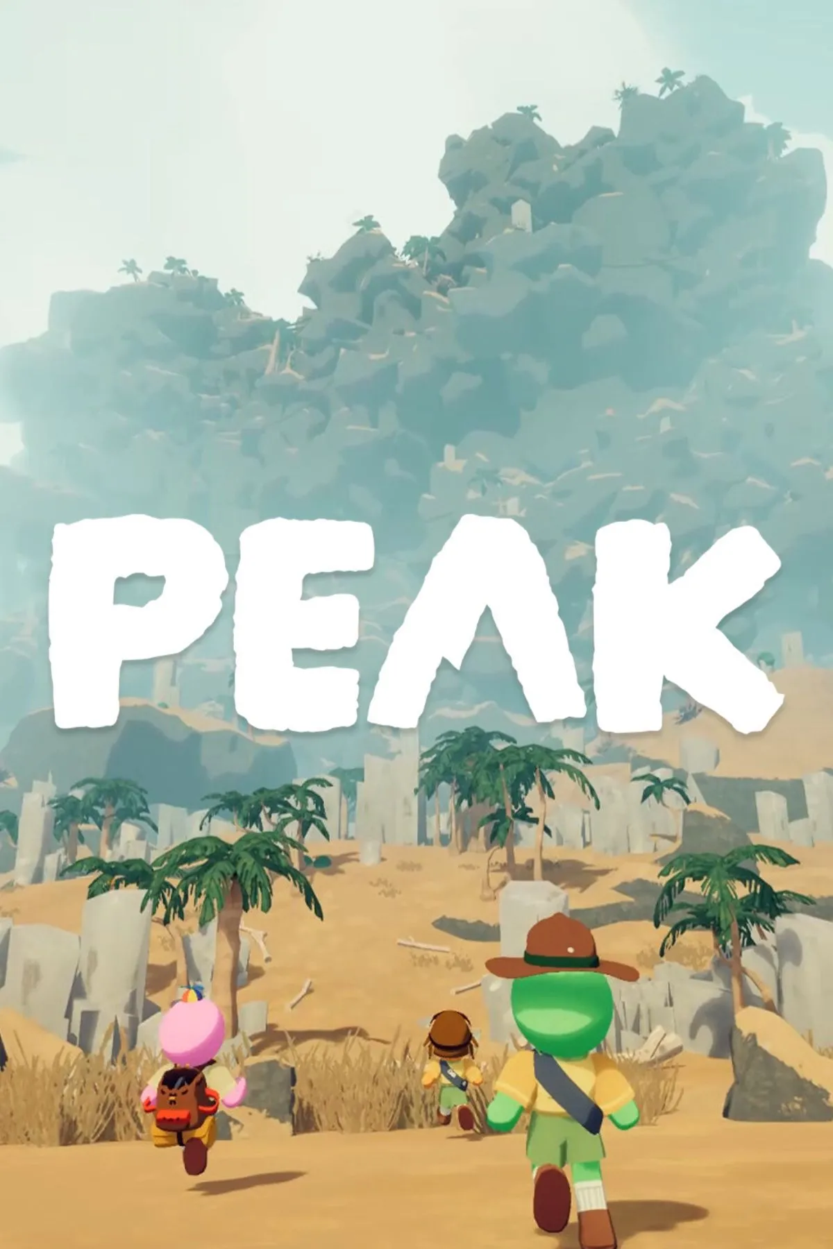 Hình ảnh bìa game Peak, thể hiện bốn nhân vật đang cùng nhau leo núi hùng vĩ, bầu trời xanh. Đây là game co-op leo núi.