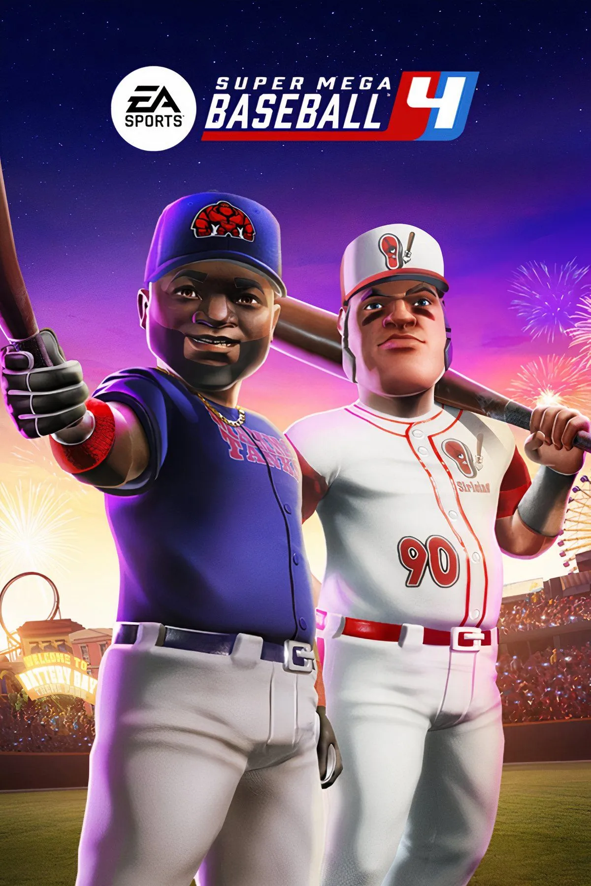 Hình ảnh các cầu thủ hoạt hình đang chơi bóng chày trong Super Mega Baseball 4