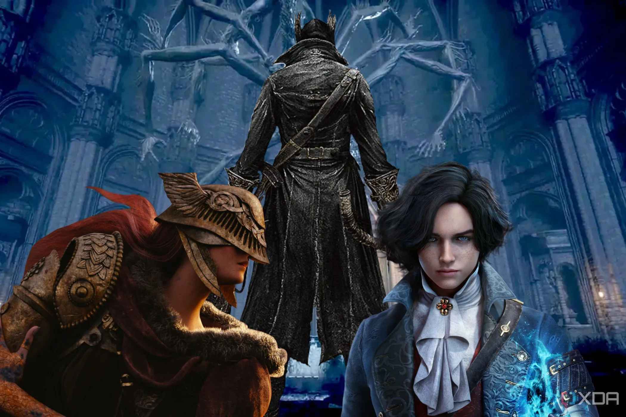 Hình ảnh các nhân vật game lấy cảm hứng từ Bloodborne, Pinocchio và Melania, gợi nhớ phong cách game hành động nhập vai như Lost Soul Aside và Elden Ring Night Reign