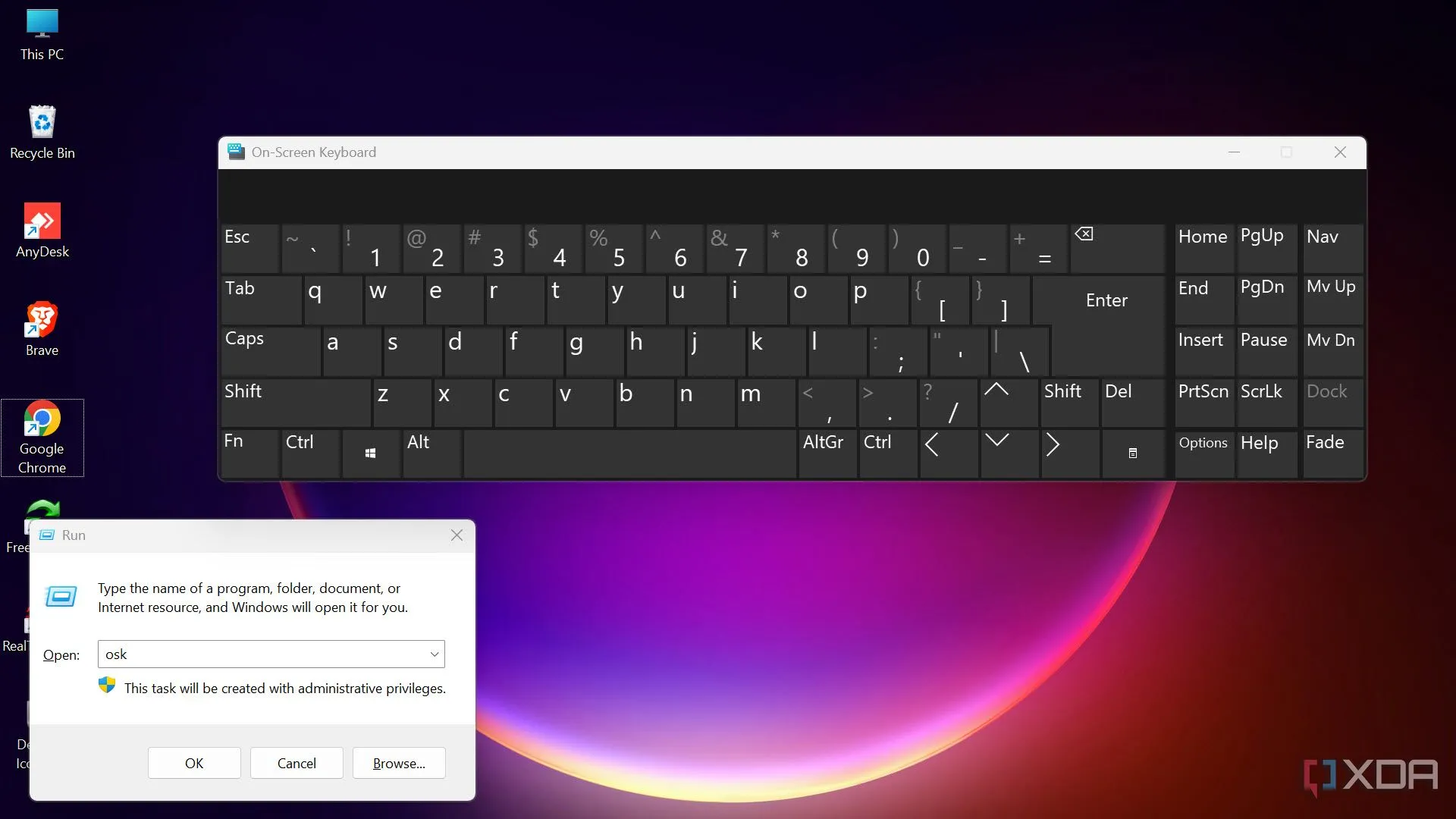 Hình ảnh cách mở bàn phím ảo (On-Screen Keyboard) Windows 11 qua hộp thoại Run