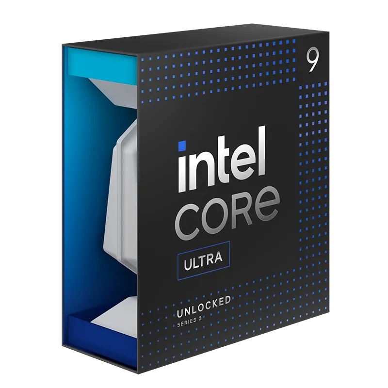 Hình ảnh cận cảnh chip Intel Core Ultra 9 285K, thể hiện chi tiết thiết kế và thương hiệu.
