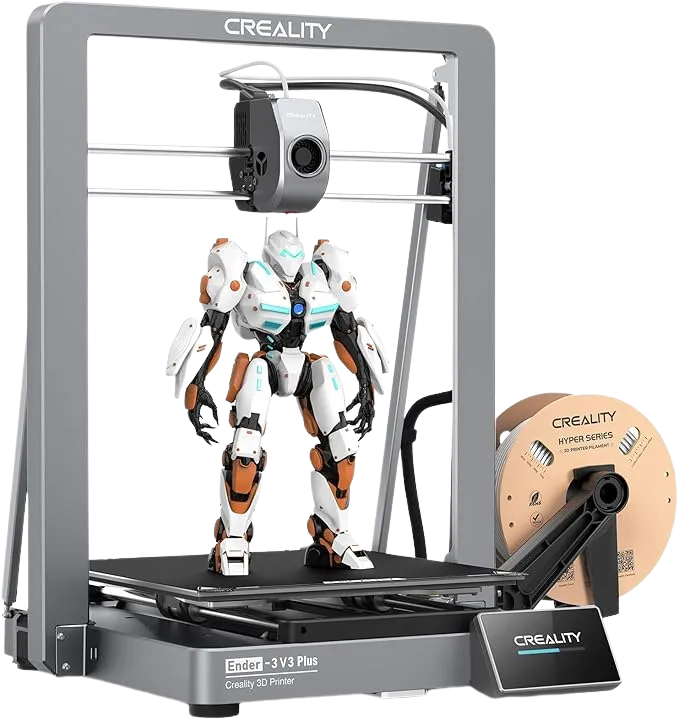 Hình ảnh cận cảnh máy in 3D Creality Ender-3 V3 Plus, nổi bật với thiết kế hiện đại và khả năng in ấn lớn, phù hợp cho người dùng chuyên nghiệp và sản phẩm quy mô.