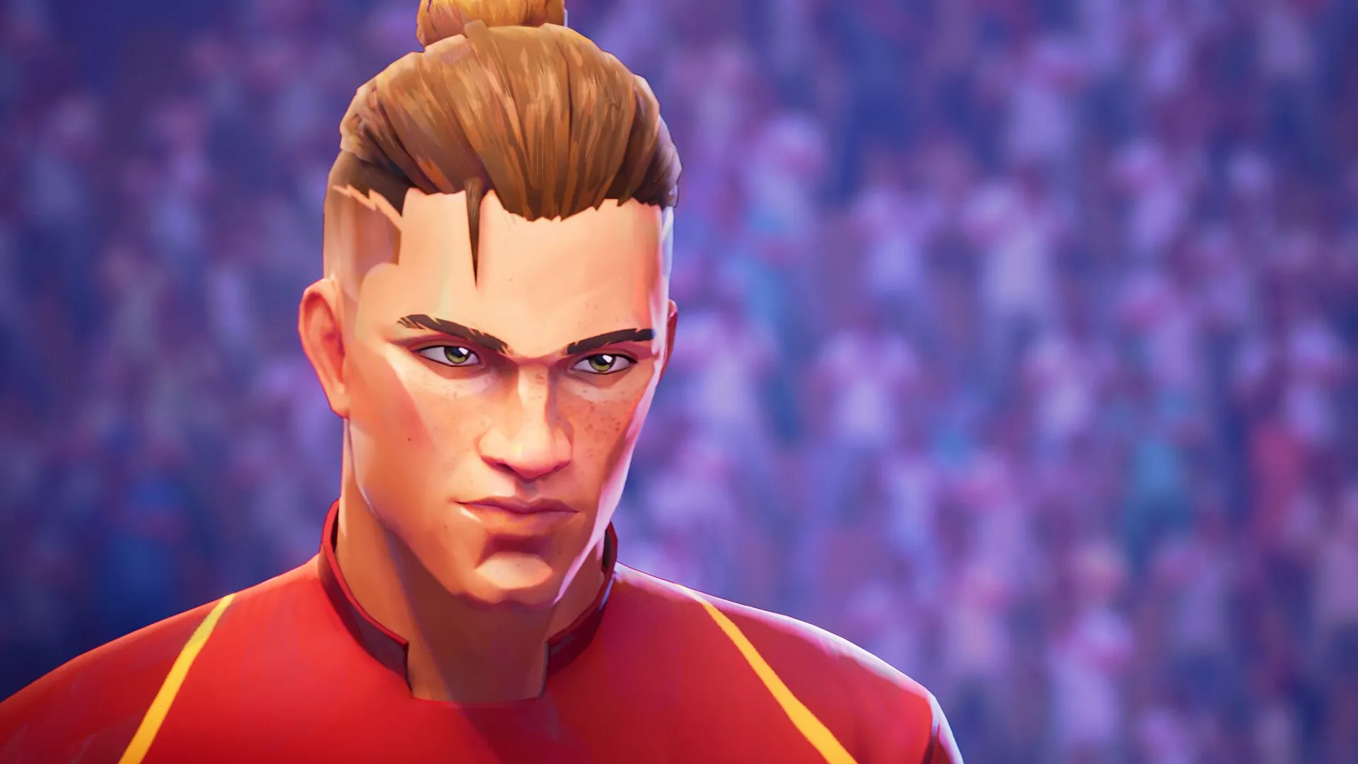 Hình ảnh cận cảnh một nhân vật trong game Rematch, nổi bật chi tiết thiết kế đặc trưng và biểu cảm.