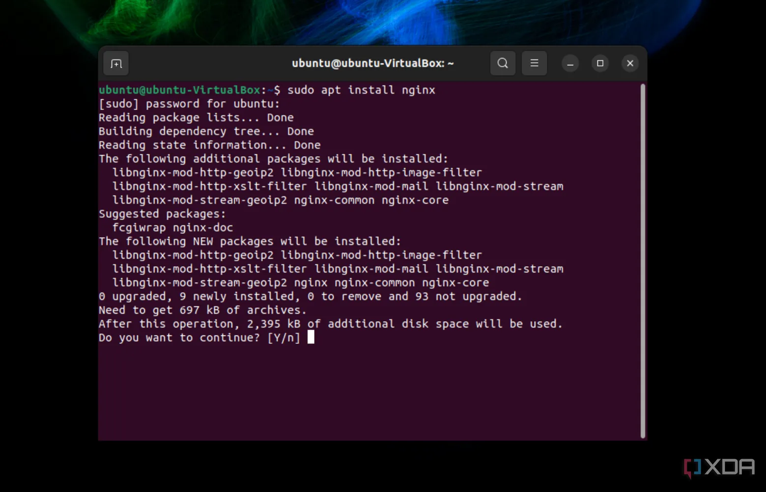 Hình ảnh chụp màn hình lệnh `sudo apt install nginx` trên Ubuntu để bắt đầu cài đặt