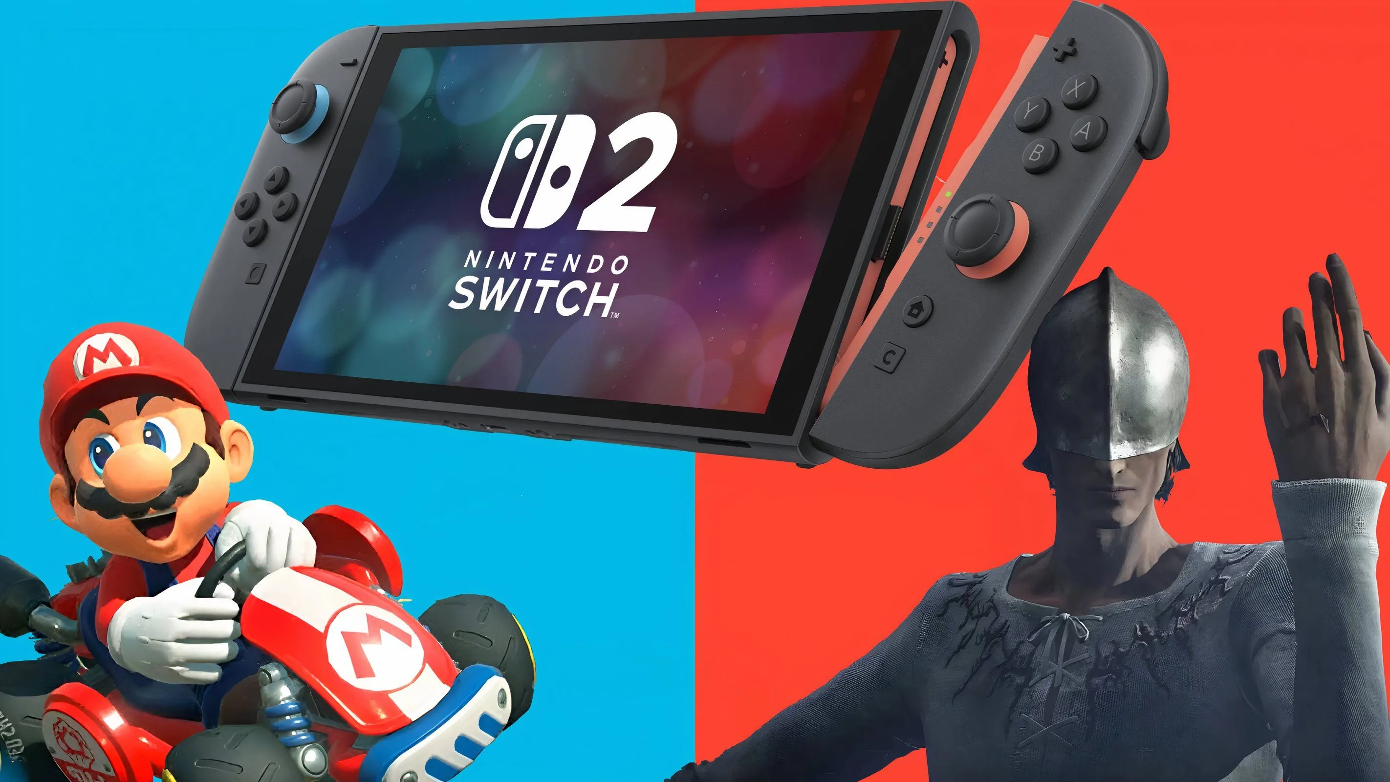 Hình ảnh concept Nintendo Switch 2 cùng biểu tượng Mario và nhân vật từ The Duskbloods, minh họa cho các tựa game độc quyền sắp ra mắt và xu hướng giá game mới.
