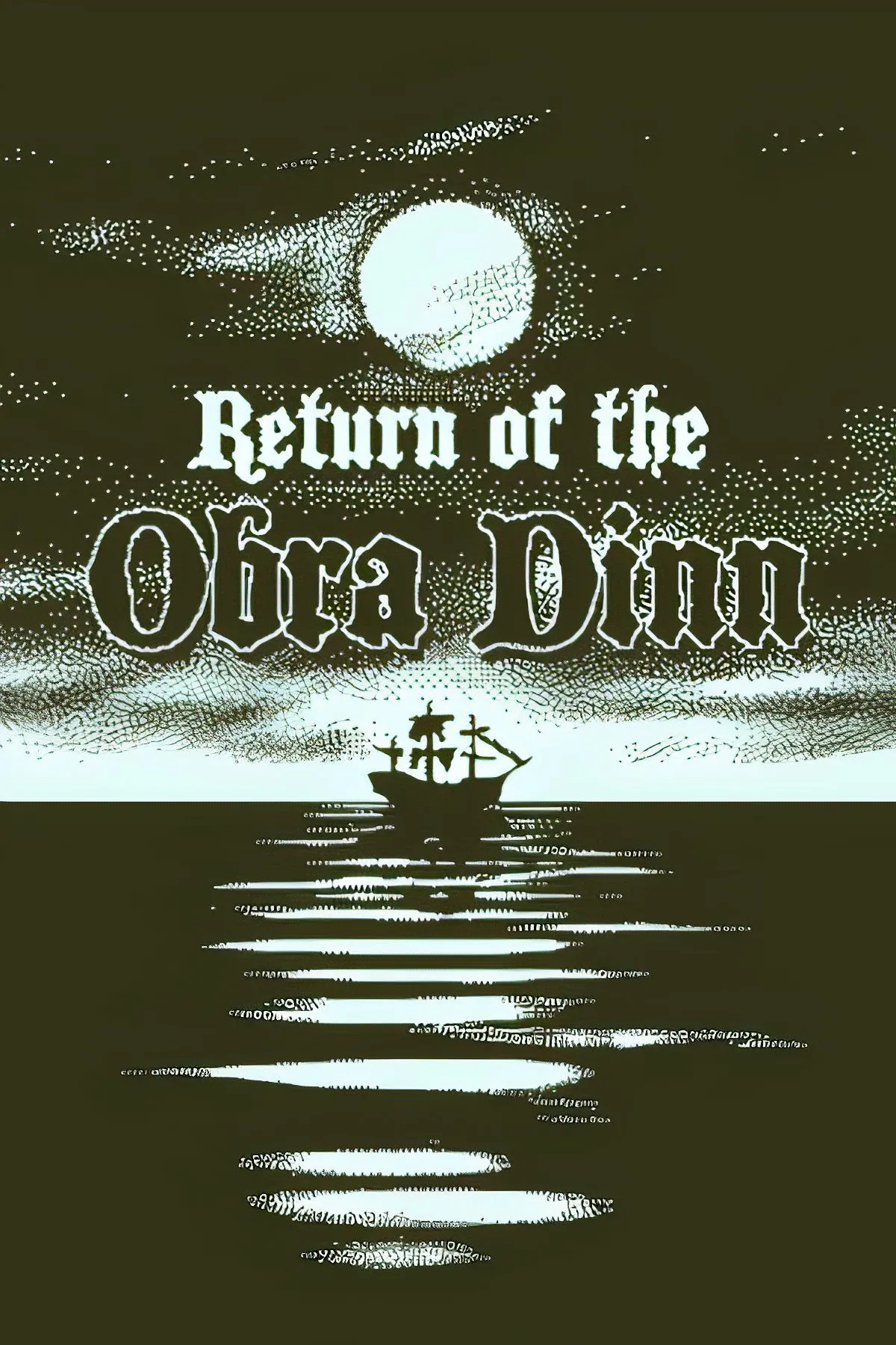 Hình ảnh đơn sắc từ game Return of the Obra Dinn, thể hiện cảnh trên con tàu ma ám với các yếu tố điều tra bí ẩn.