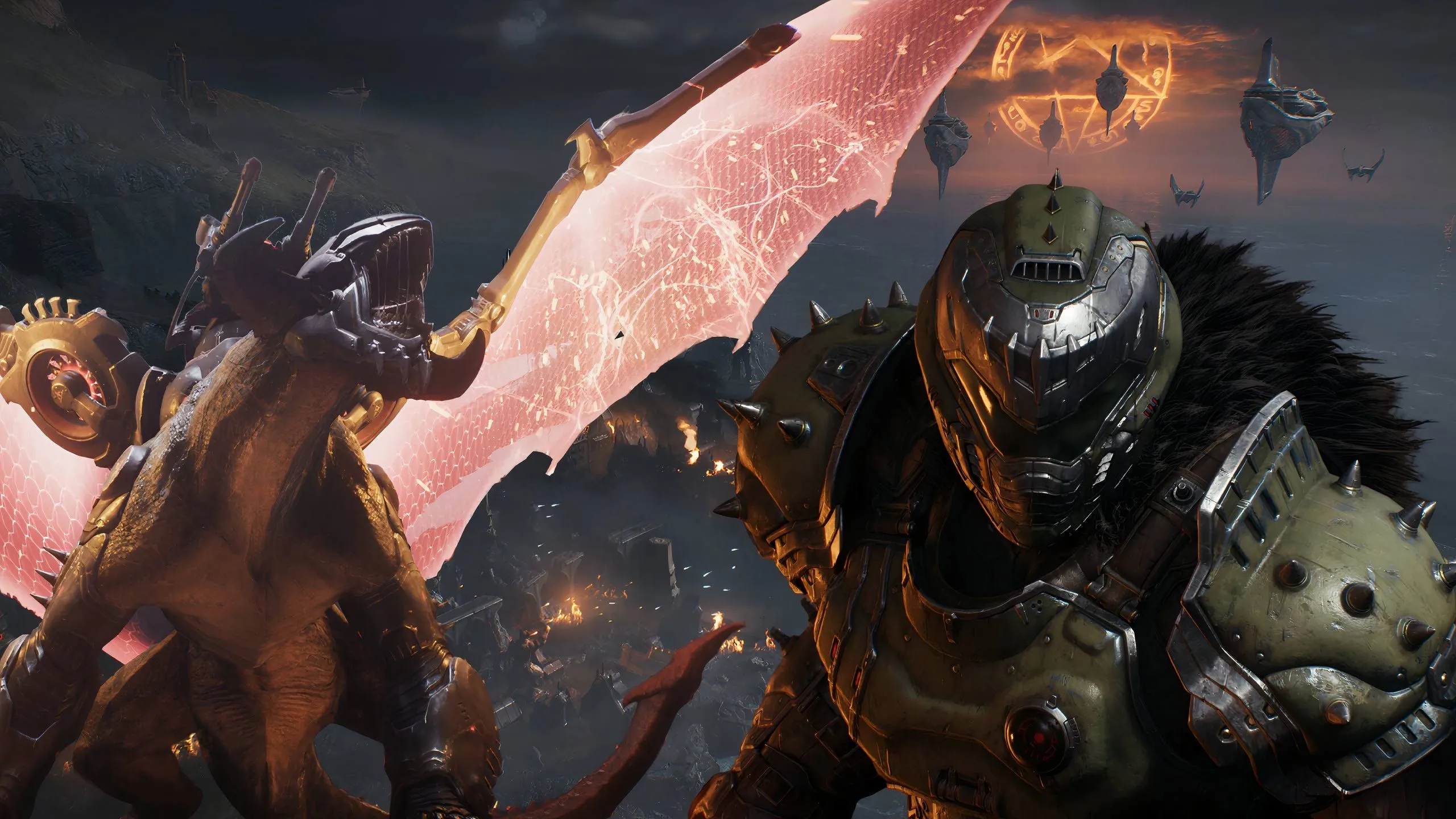 Hình ảnh Doom Slayer cưỡi rồng trong Doom: The Dark Ages, cho thấy sự phát triển của series FPS huyền thoại