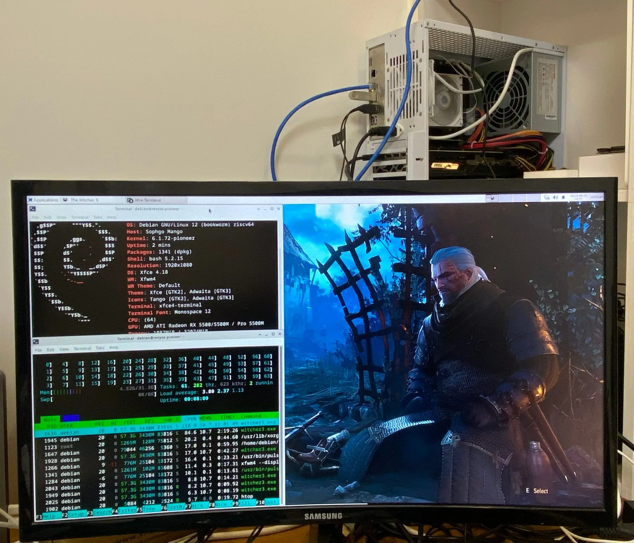 Hình ảnh game The Witcher 3 đang chạy trên nền tảng RISC-V, minh họa sự phát triển công nghệ trong việc tối ưu hóa hiệu năng game.