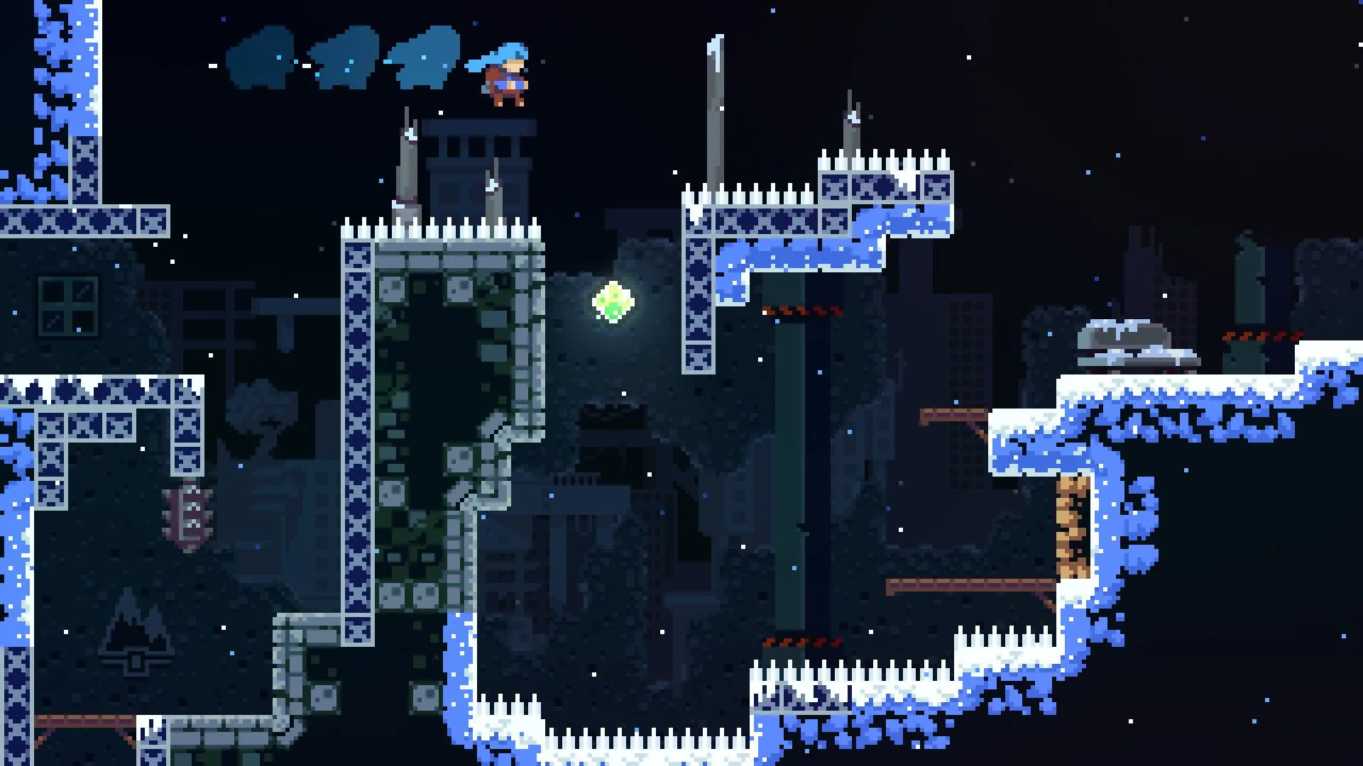 Hình ảnh gameplay Celeste với nhân vật người chơi đang lướt trong không trung trên một loạt gai nhọn trong môi trường tuyết phủ, thể hiện độ khó của game