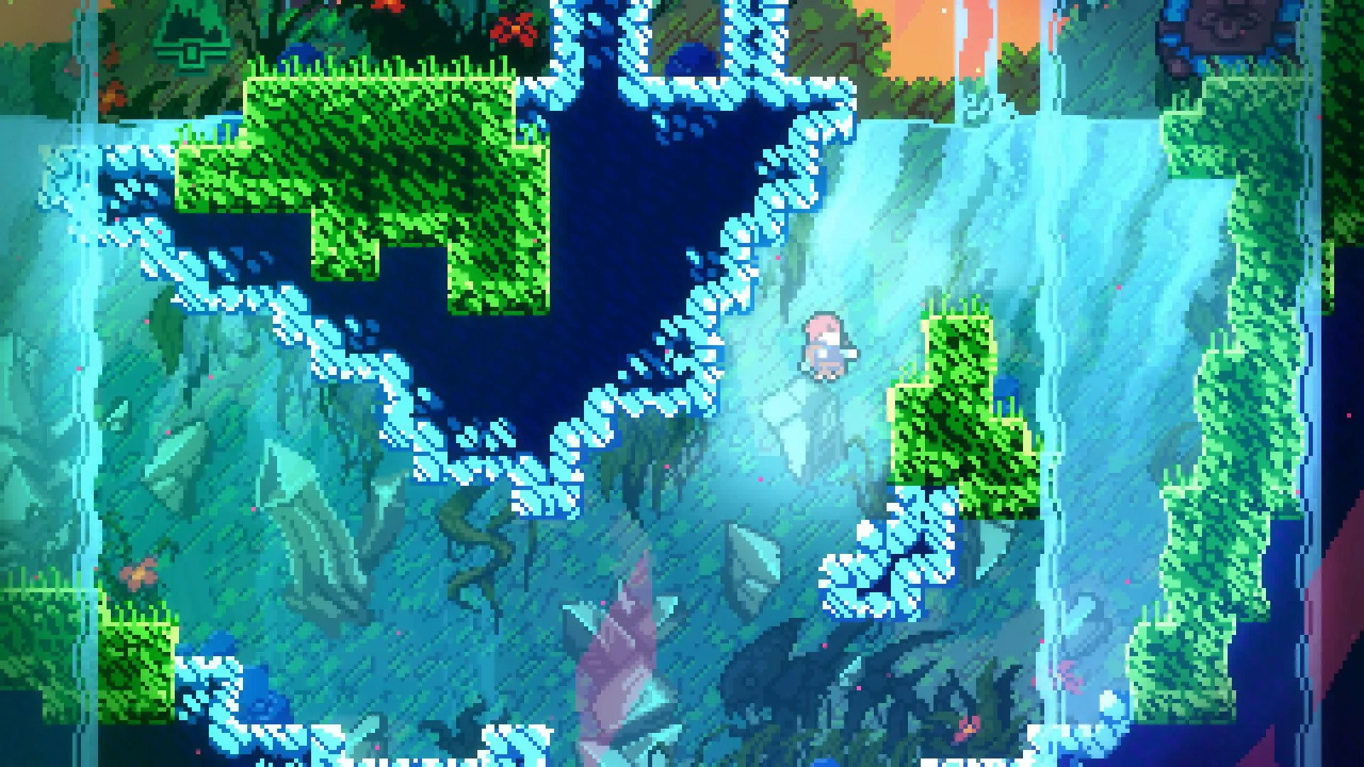Hình ảnh gameplay Celeste với nhân vật người chơi đang nhảy về phía một nền tảng xanh lá cây trong khung cảnh hang động dưới lòng đất, minh họa phong cách đồ họa pixel