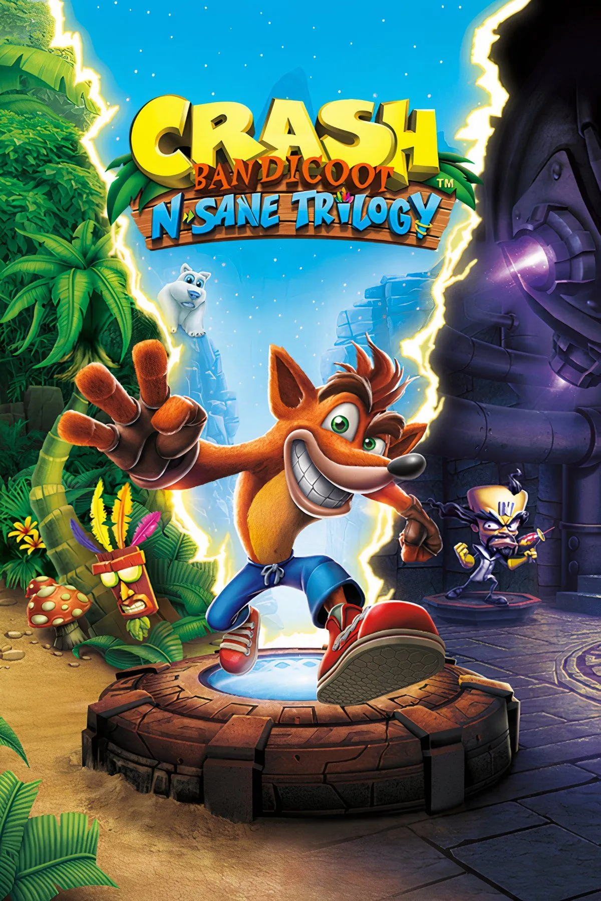 Hình ảnh gameplay Crash Bandicoot N. Sane Trilogy với nhân vật Crash nhảy qua các chướng ngại vật trong môi trường rừng rậm tươi sáng