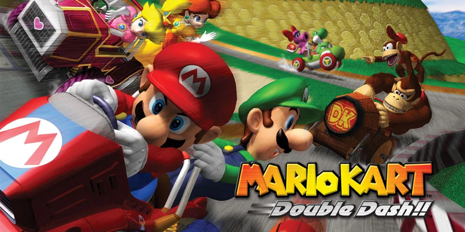 Hình ảnh gameplay của Mario Kart: Double Dash!! trên đường đua, với hai nhân vật Mario và Luigi cùng lái một chiếc xe kart.