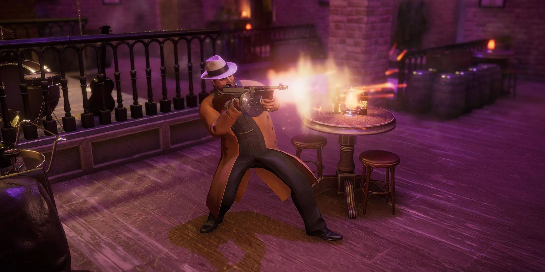 Hình ảnh gameplay Empire of Sin, thể hiện một tay xã hội đen sử dụng súng Tommy