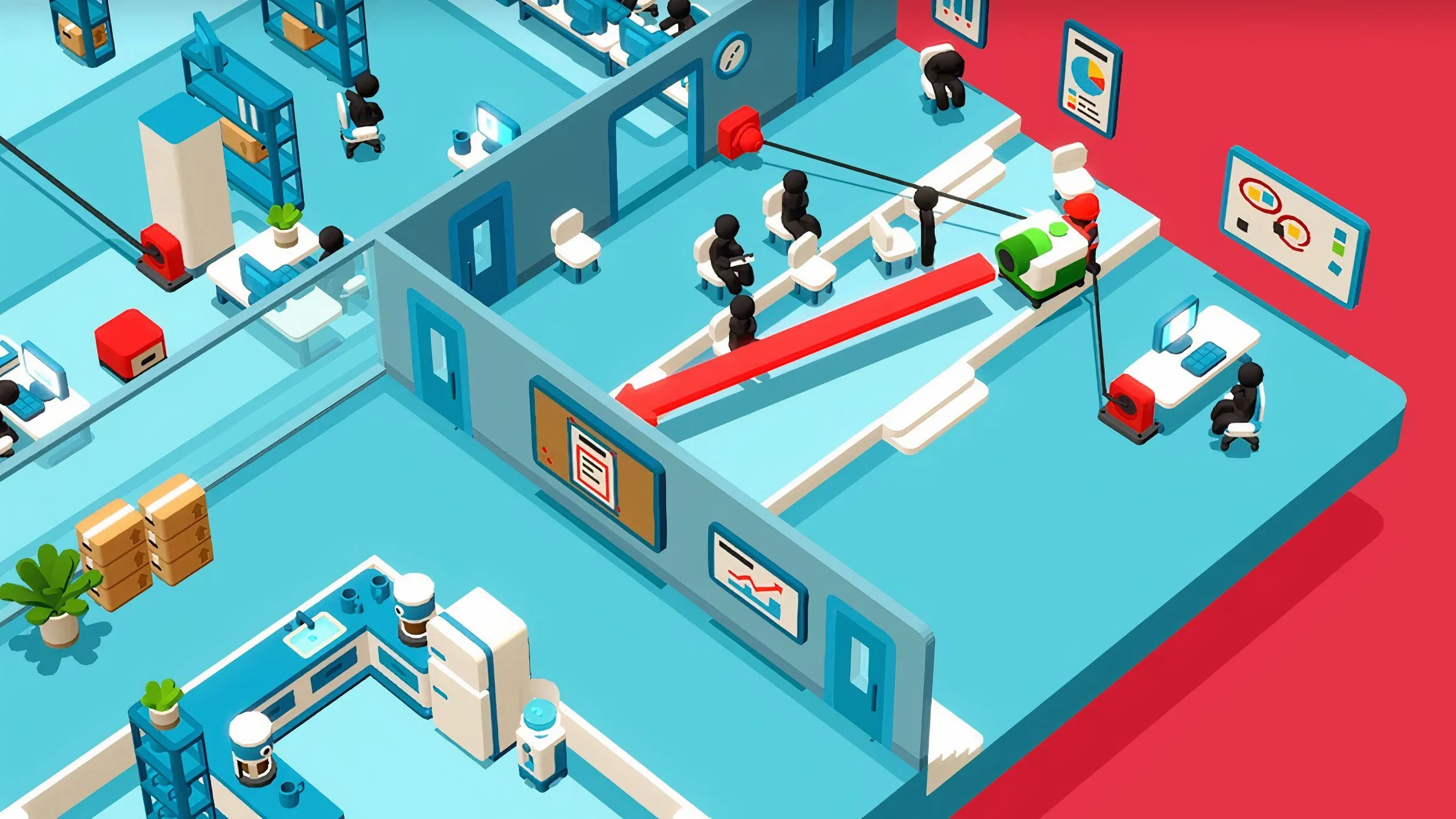 Hình ảnh gameplay hài hước của Good Job! với nhân vật đang phá hủy văn phòng