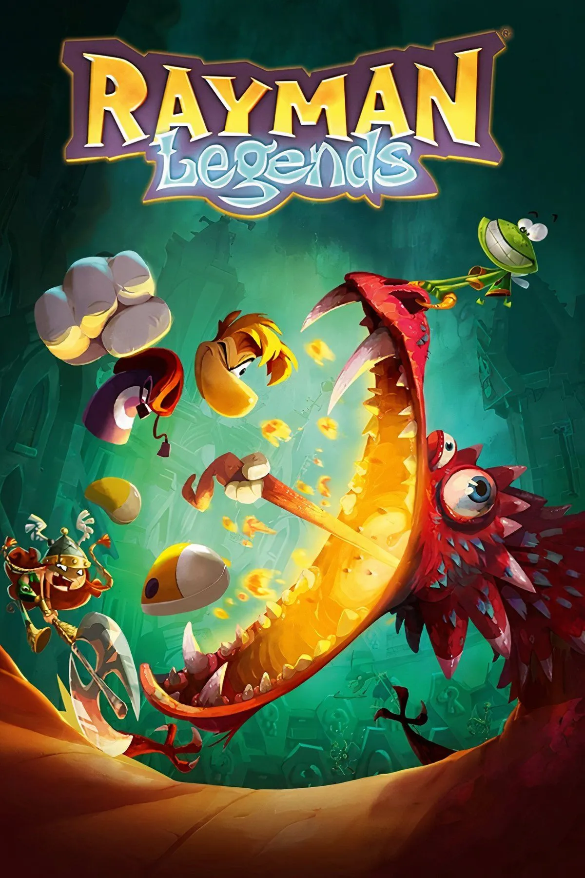 Hình ảnh gameplay Rayman Legends với nhiều nhân vật Rayman và đồng đội cùng chạy nhảy trong một màn chơi đầy màu sắc và chi tiết