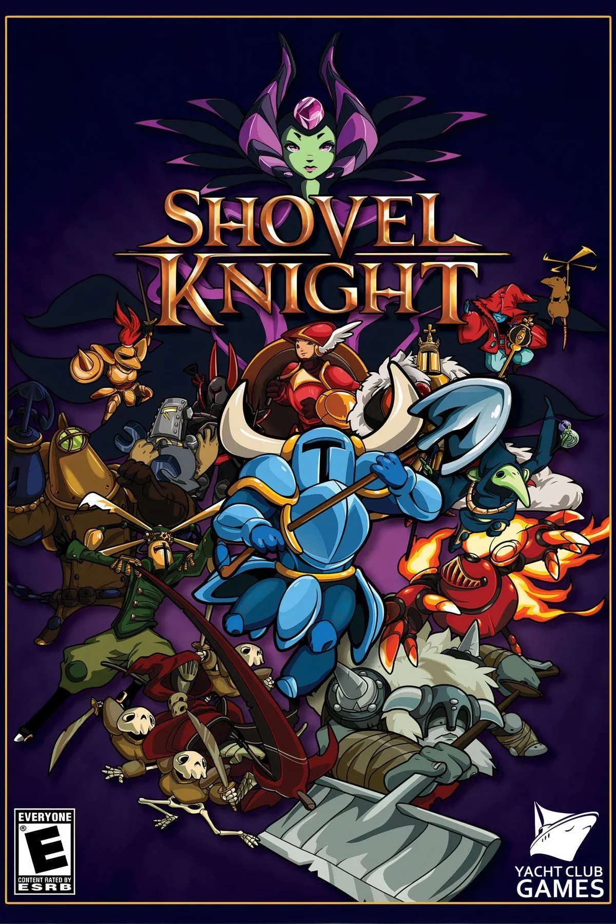 Hình ảnh gameplay Shovel Knight với nhân vật Shovel Knight đang dùng xẻng nhảy và tấn công kẻ thù trong một màn chơi pixel art cổ điển