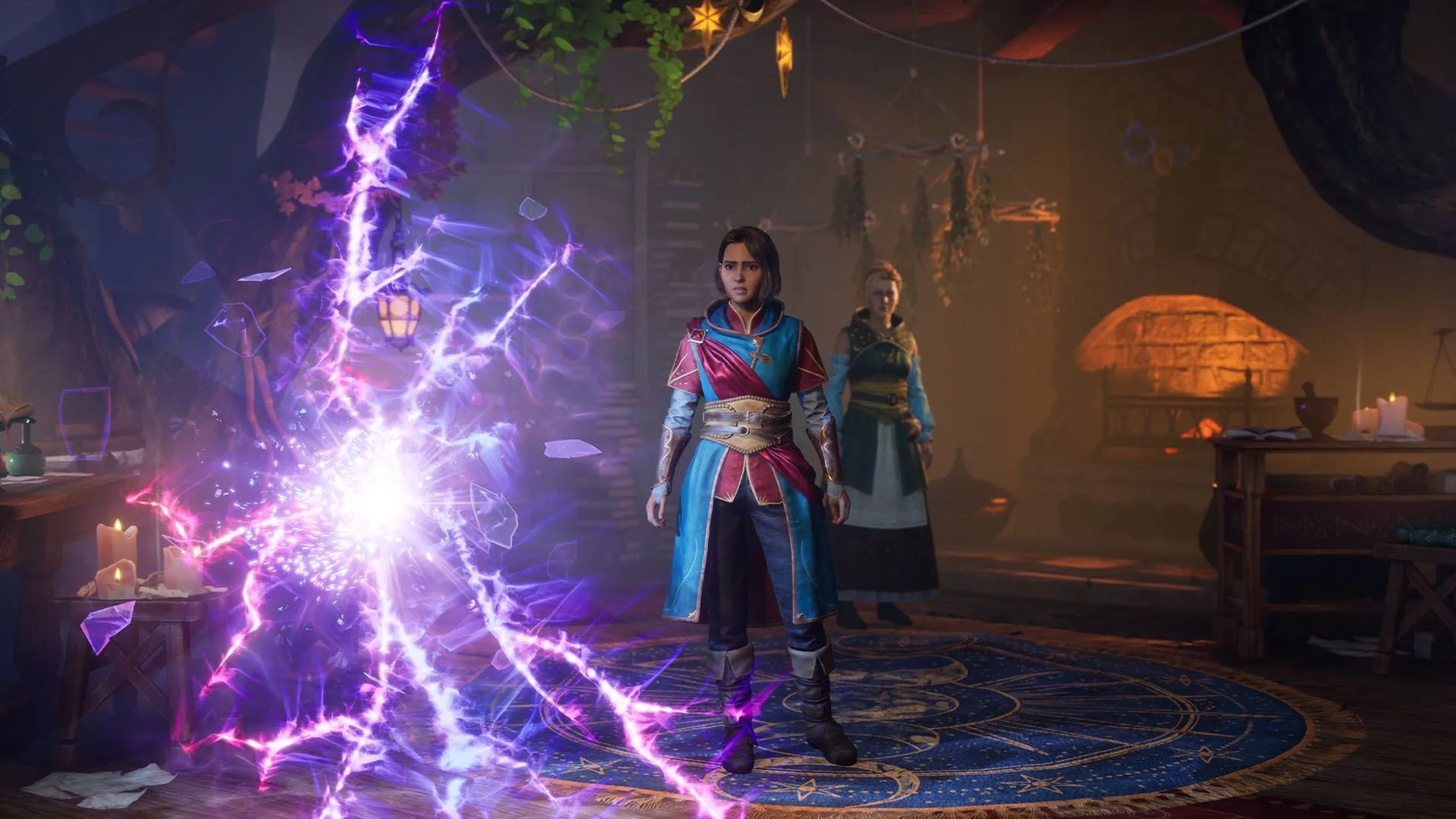 Hình ảnh gameplay Split Fiction với hai nhân vật tương tác với môi trường, một người đang kéo dây còn người kia chuẩn bị nhảy