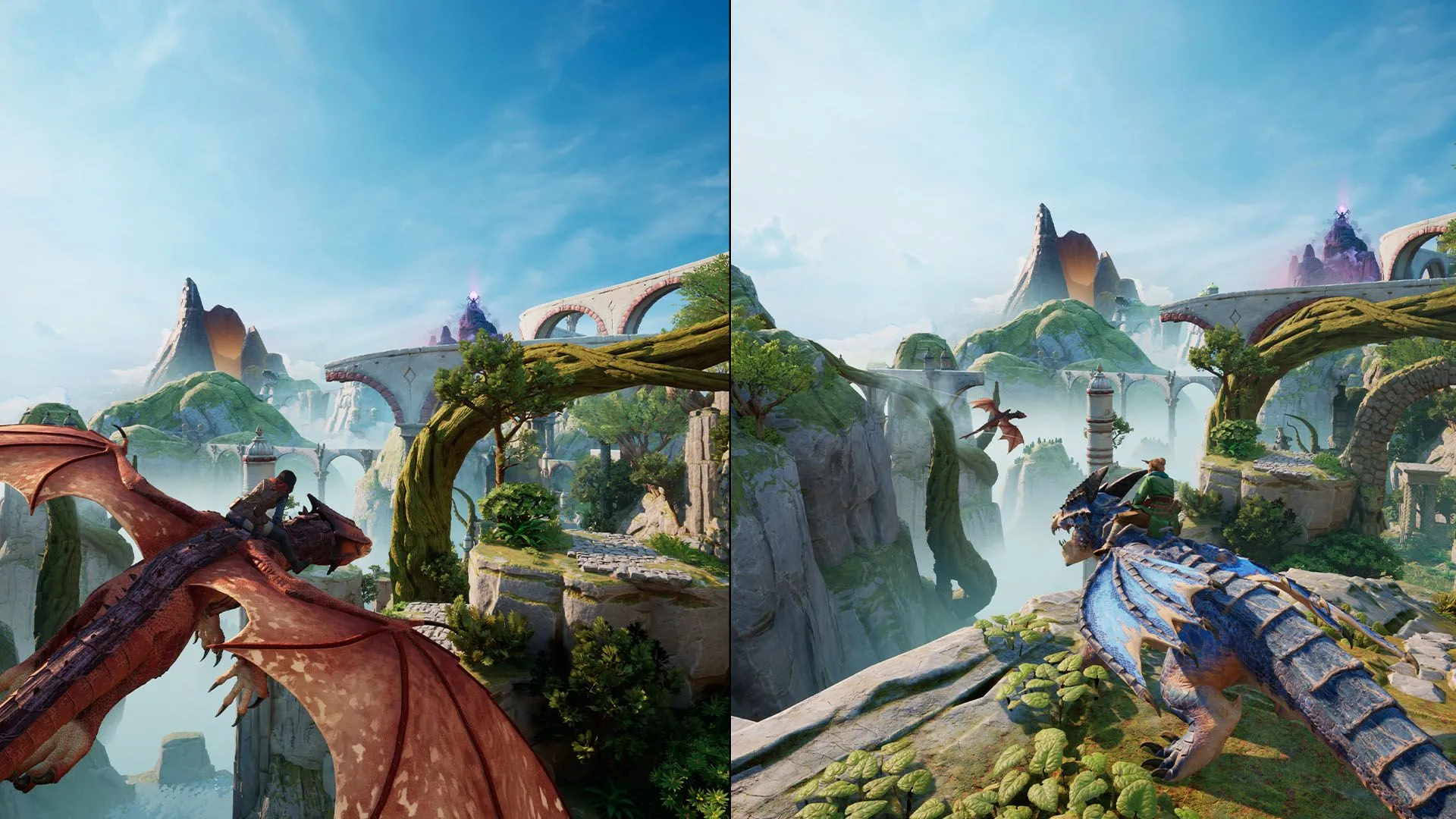 Hình ảnh gameplay Split Fiction với một nhân vật nam đang nhảy qua các nền tảng trong môi trường công nghệ cao