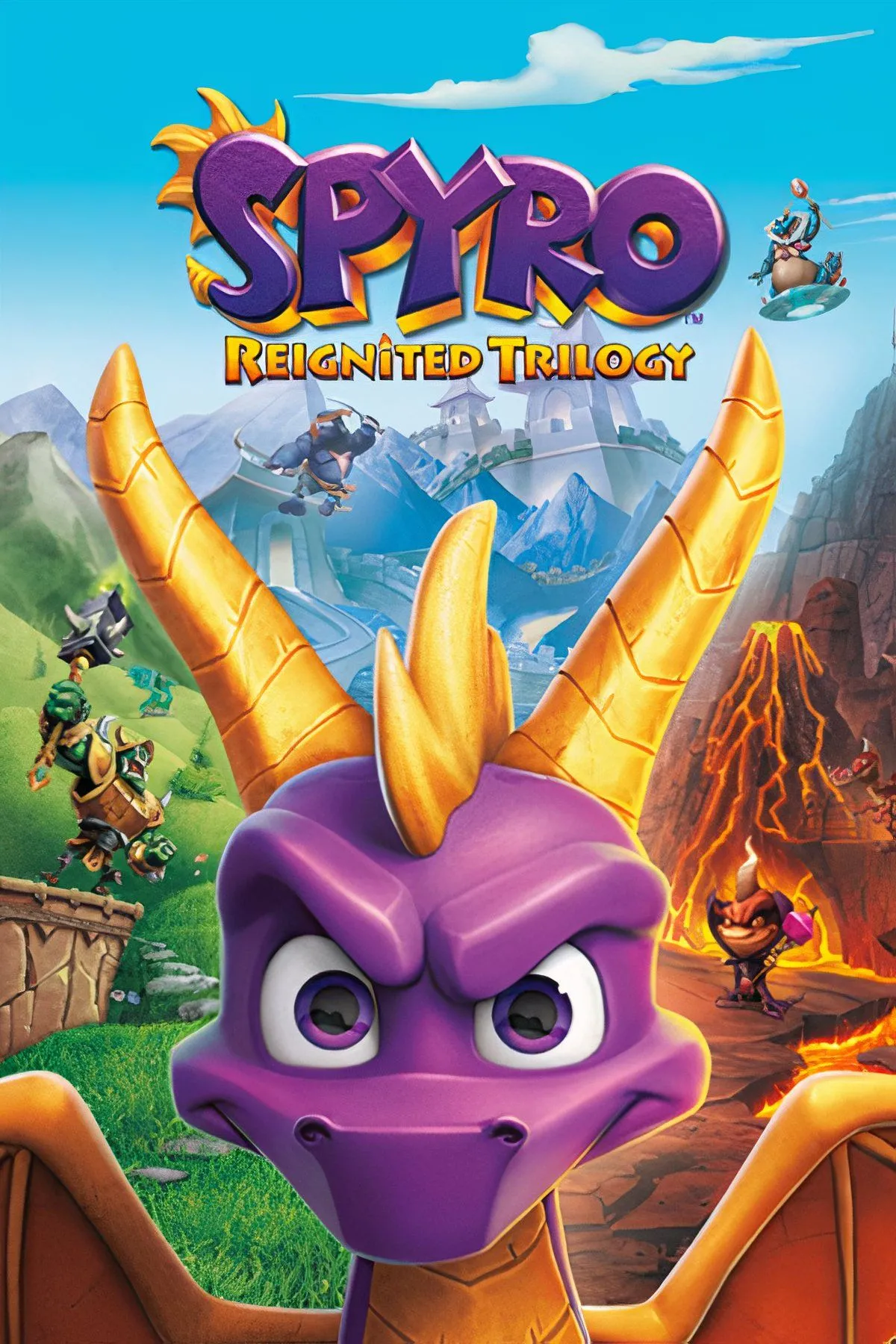 Hình ảnh gameplay Spyro Reignited Trilogy với rồng Spyro đang phun lửa vào kẻ thù trong một cảnh quan đầy màu sắc