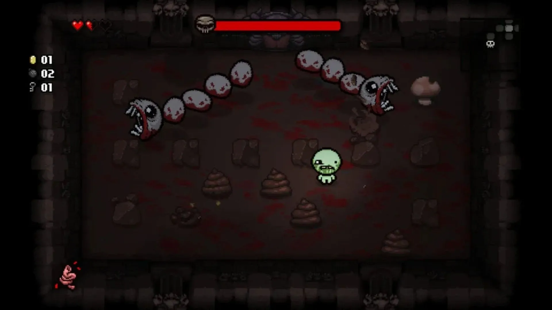 Hình ảnh gameplay The Binding of Isaac Rebirth trên PS Vita, với Isaac khám phá hầm ngục và chiến đấu với quái vật.
