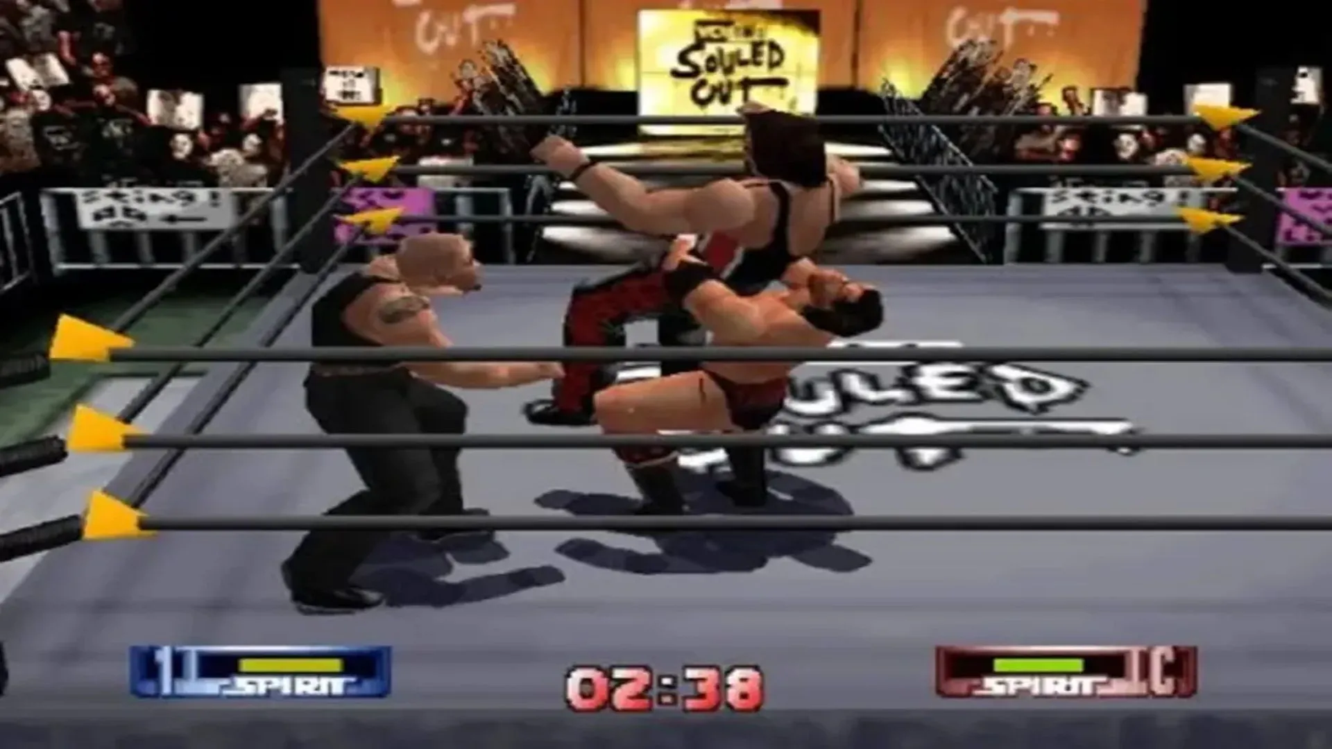 Hình ảnh gameplay từ WCW/nWo Revenge trên Nintendo 64, thể hiện giao diện vật lộn kinh điển của game.