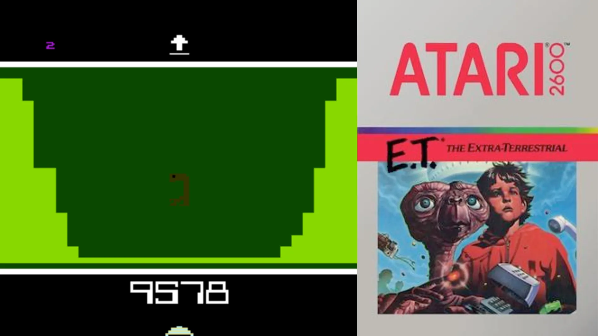 Hình ảnh gameplay và bìa game E.T. The Extra-Terrestrial trên Atari 2600