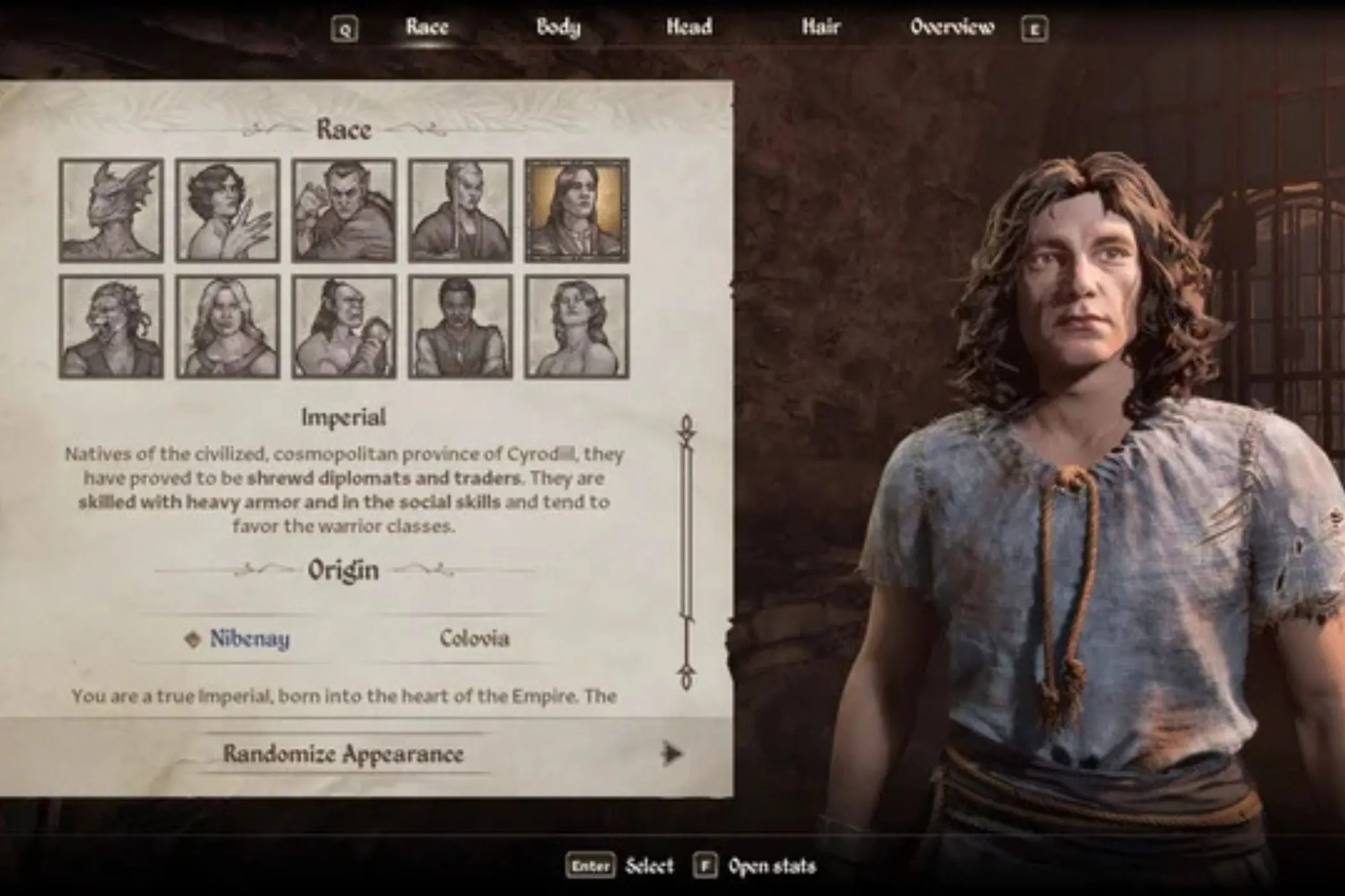 Hình ảnh giao diện tạo nhân vật trong The Elder Scrolls: Oblivion Remastered, bối cảnh cho những cuộc phiêu lưu đầy thử thách của ma cà rồng.