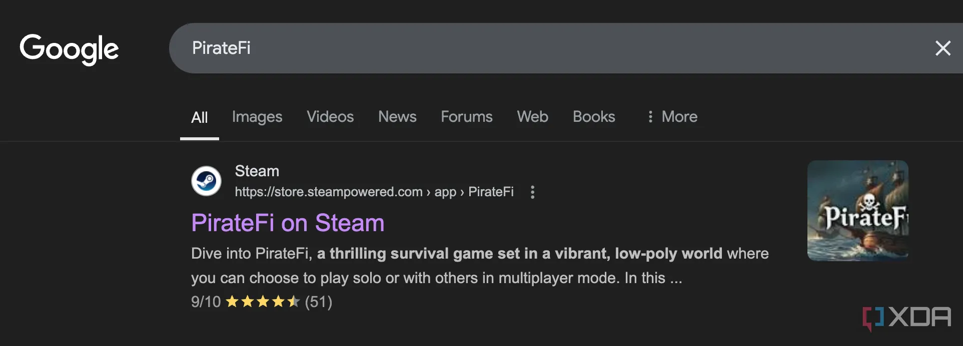 Hình ảnh kết quả tìm kiếm Google cho game PirateFi trên Steam, minh họa việc liên kết đã bị chuyển hướng sau khi Valve phát hiện mã độc.