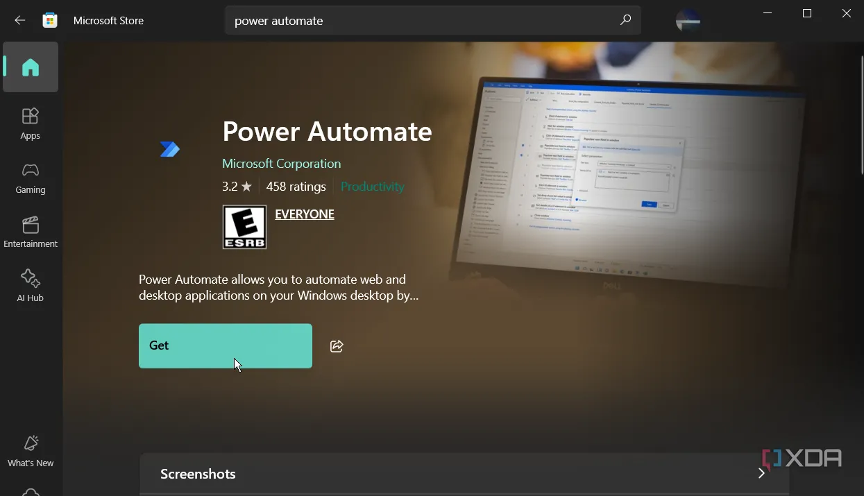 Hình ảnh Microsoft Store trên Windows 10 hiển thị Power Automate có sẵn miễn phí, nhấn mạnh lợi ích về chi phí