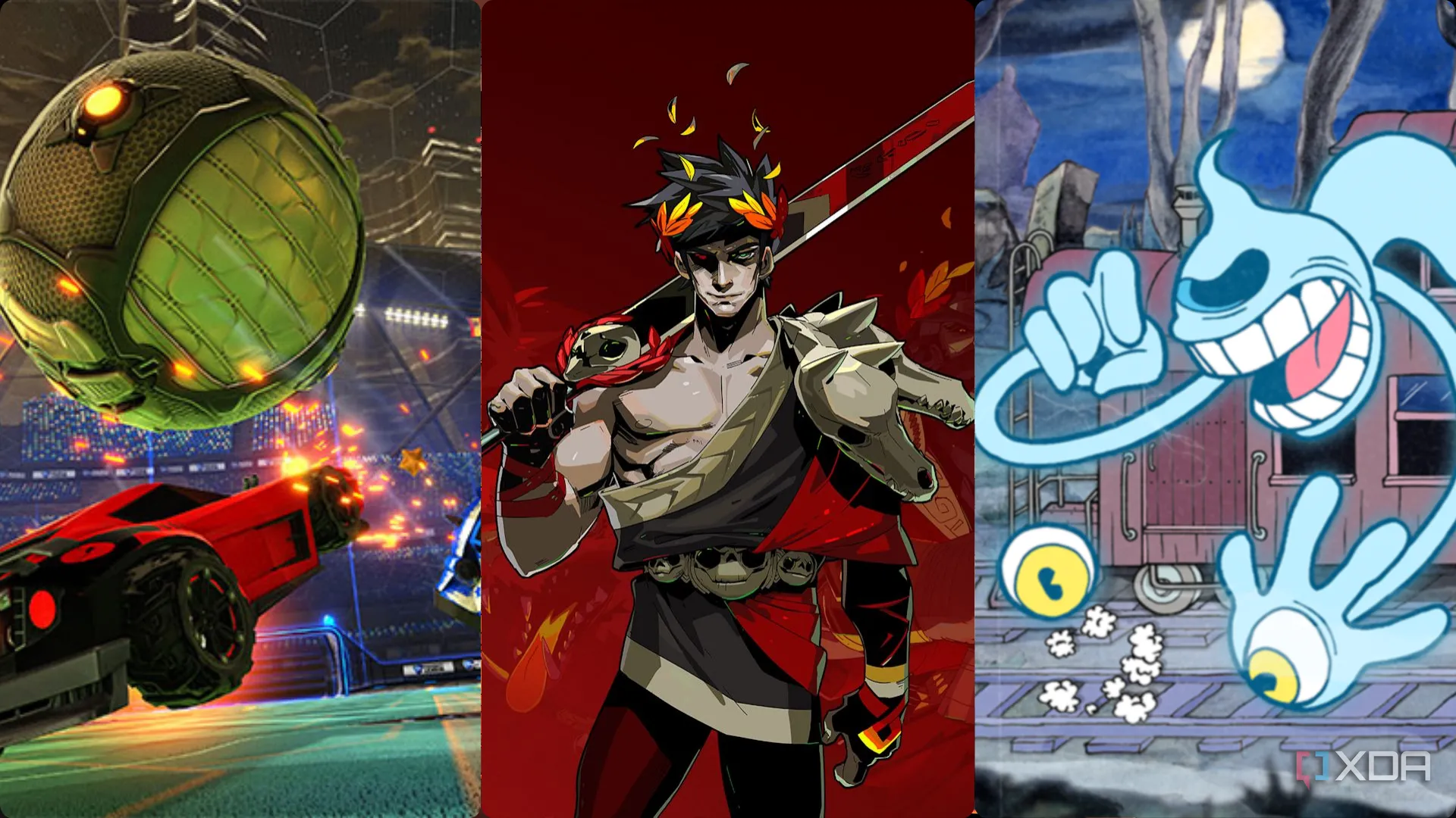 Hình ảnh minh họa một số game indie thành công như Rocket League, Hades và Cuphead, thể hiện sự đa dạng của game indie trên Steam.