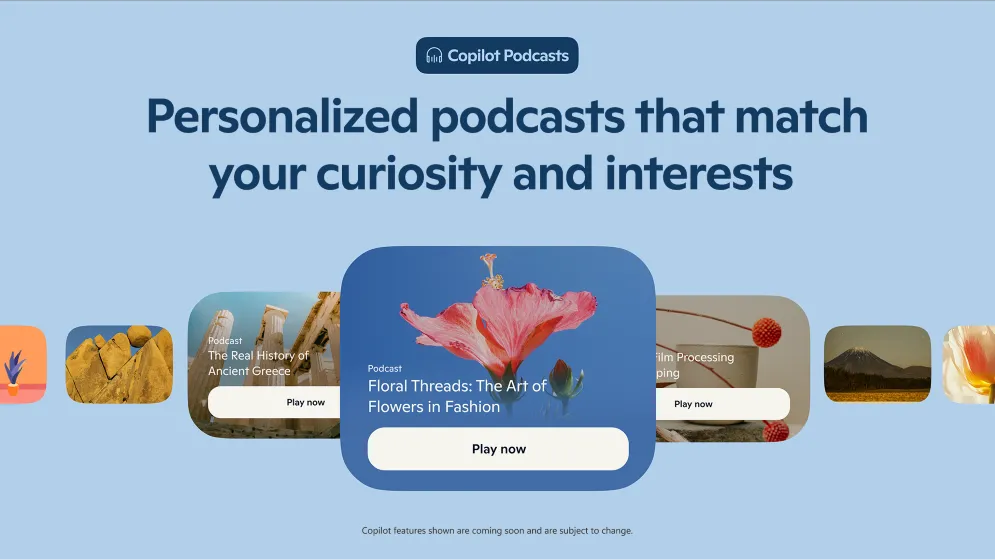 Hình ảnh minh họa tính năng AI Podcasts trên Microsoft Copilot tạo ra các bản tin âm thanh cá nhân hóa