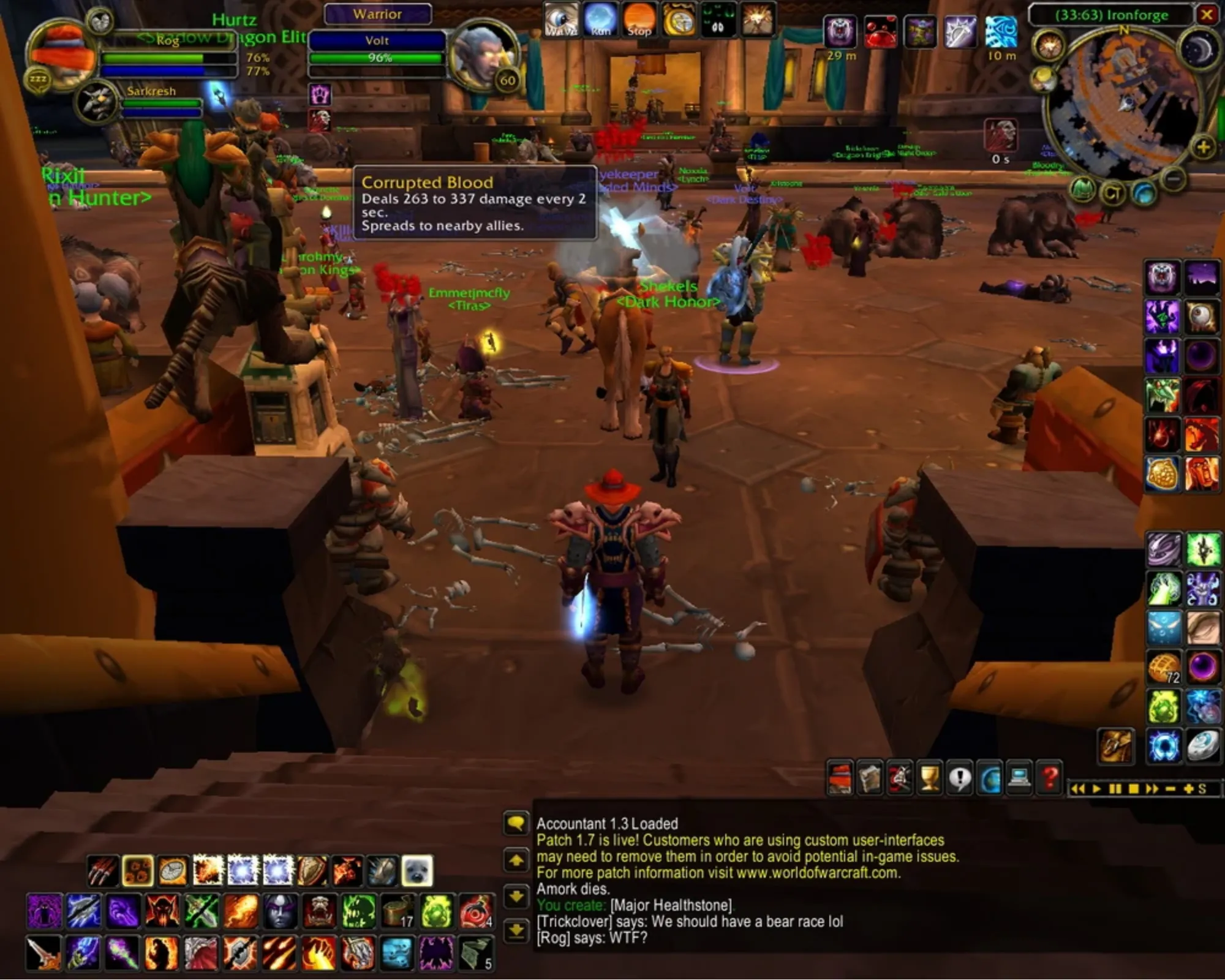 Hình ảnh mô phỏng sự lan truyền của dịch bệnh Corrupted Blood trong World of Warcraft.