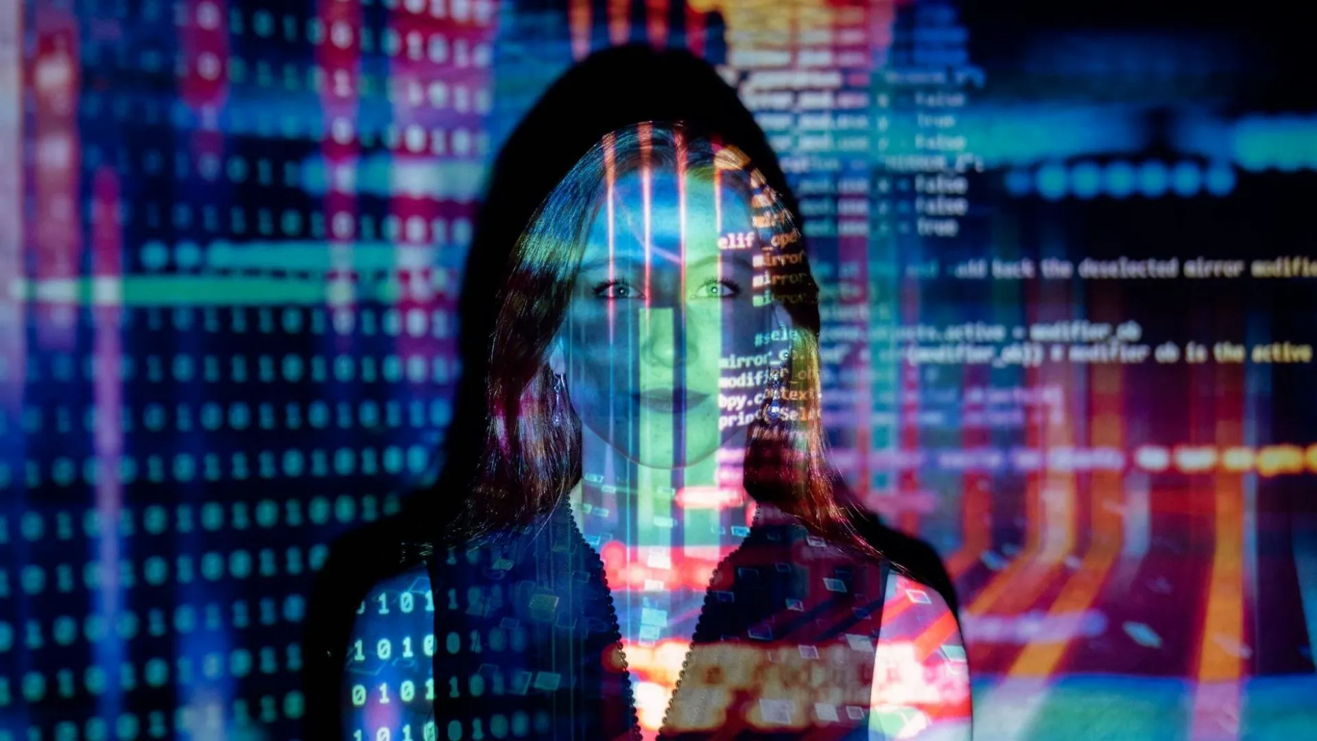 Hình ảnh một người phụ nữ với các dòng mã code chồng lên, minh họa virus đa hình (polymorphic virus) thay đổi mã để tránh bị phát hiện bởi phần mềm diệt virus.