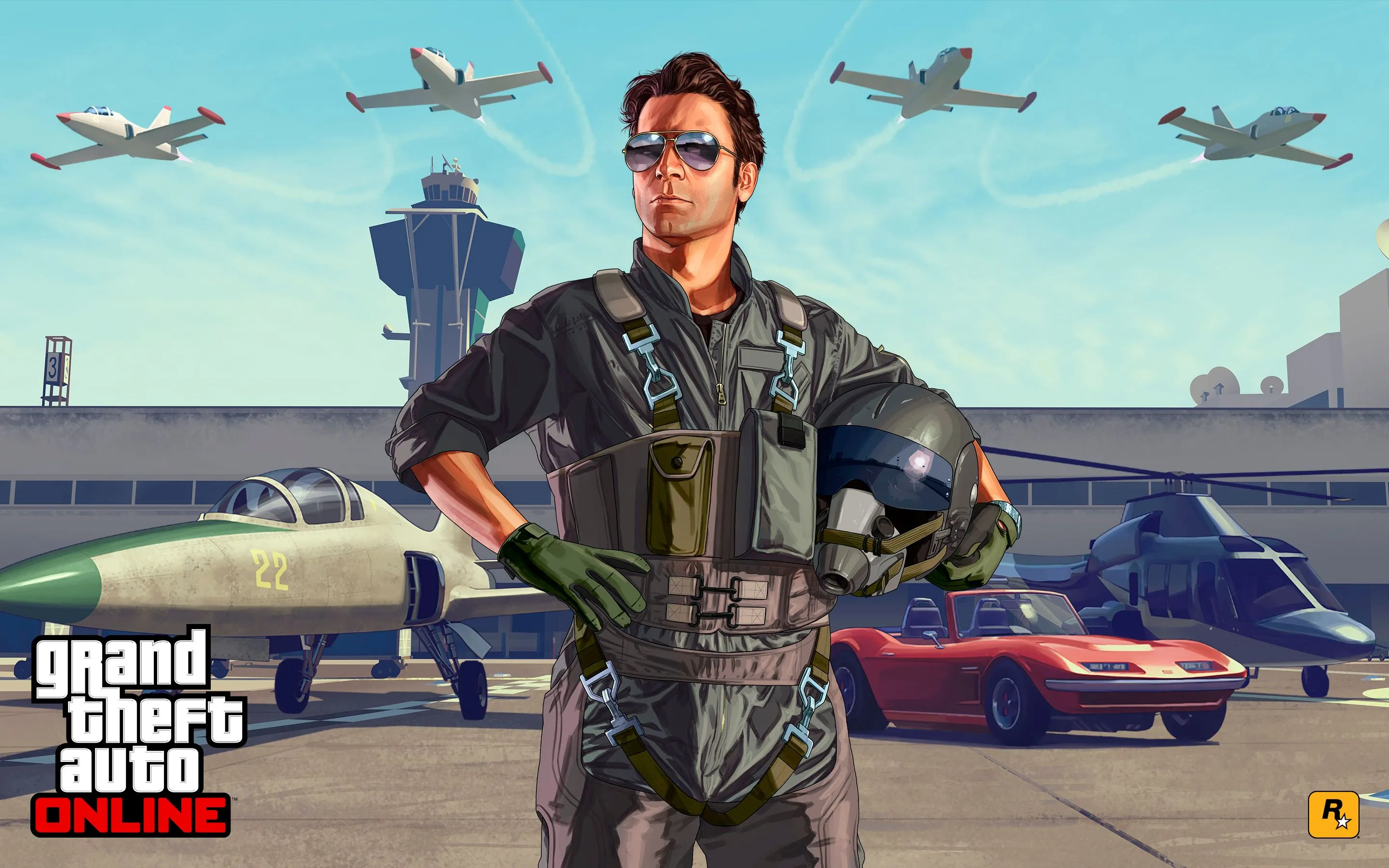 Hình ảnh nghệ thuật của Grand Theft Auto Online, nhấn mạnh các yếu tố hàng không và thế giới mở rộng lớn của game.