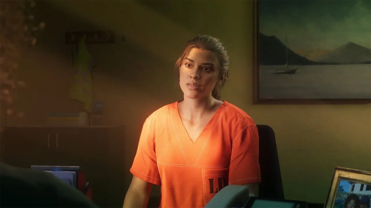 Hình ảnh nhân vật nữ trong bộ đồ tù từ game Grand Theft Auto VI, minh họa đồ họa chân thực và ấn tượng của các tựa game thế hệ console mới.