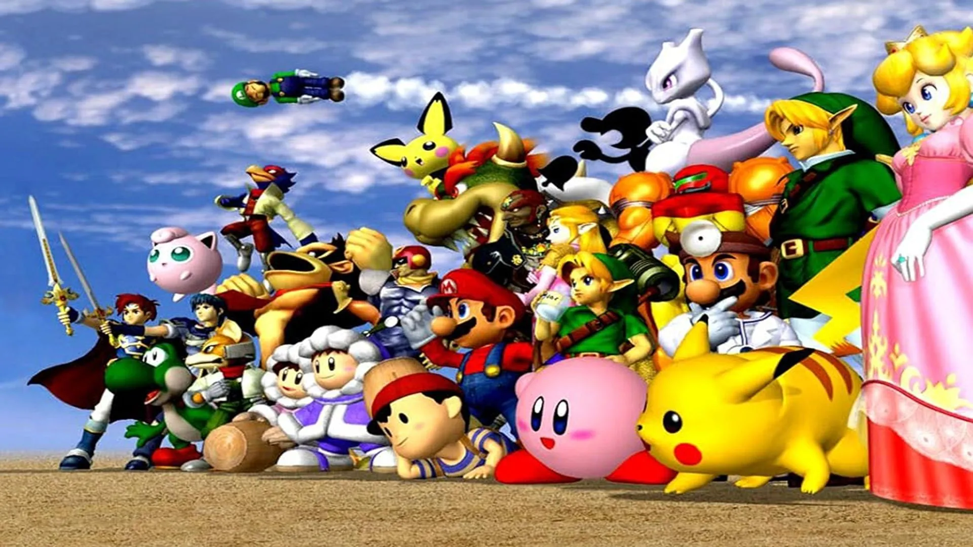Hình ảnh quảng bá dàn nhân vật trong game đối kháng Super Smash Bros. Melee.