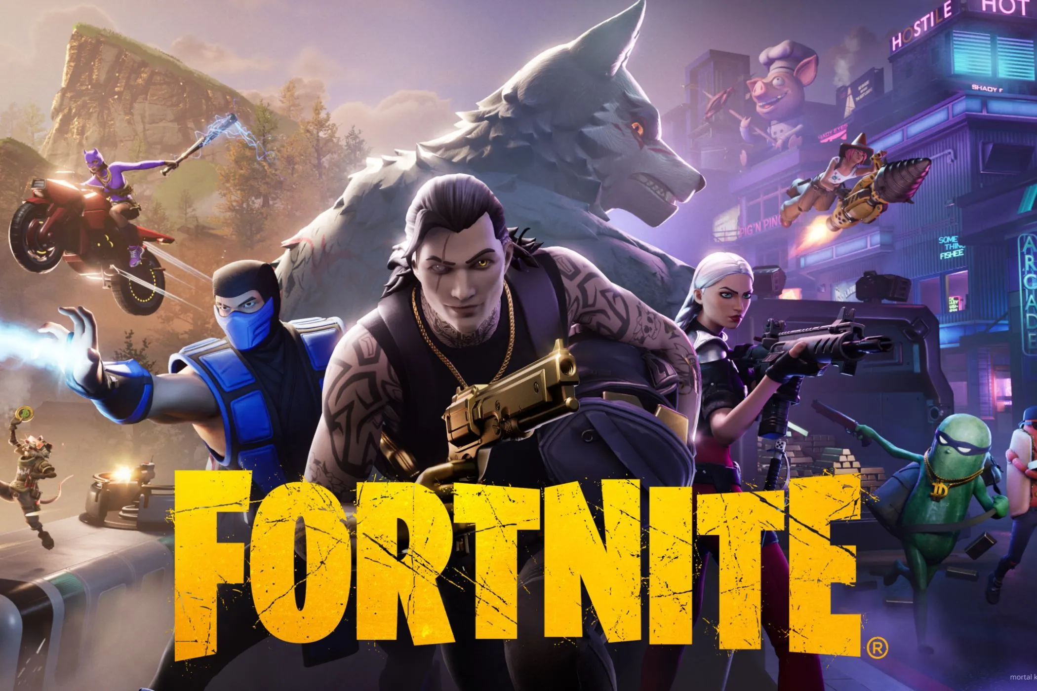 Hình ảnh quảng bá game Fortnite với các nhân vật và sói, thể hiện phong cách Battle Royale đa dạng của trò chơi