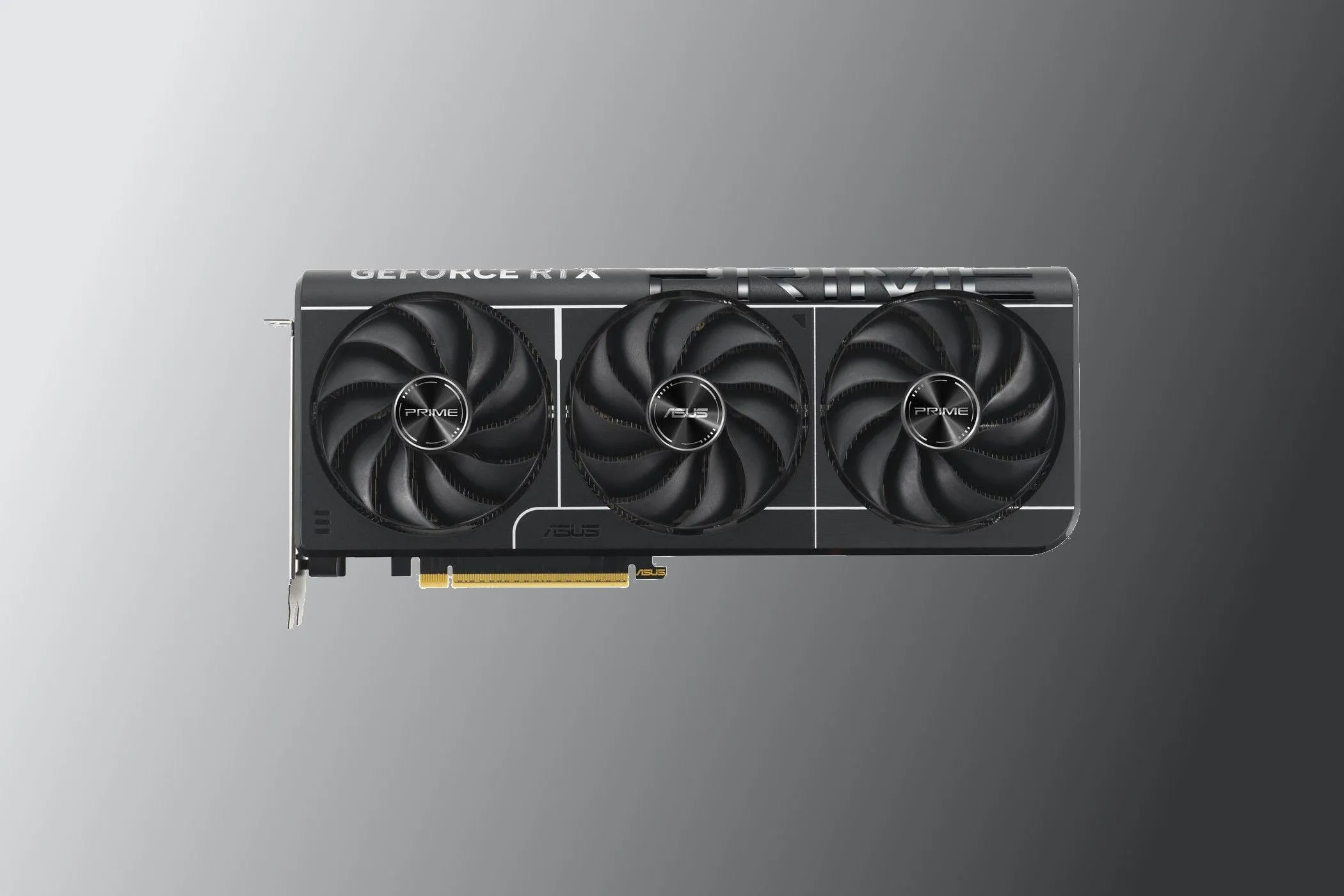 Hình ảnh render card đồ họa Asus GeForce RTX 5070 Ti Prime với thiết kế tối giản