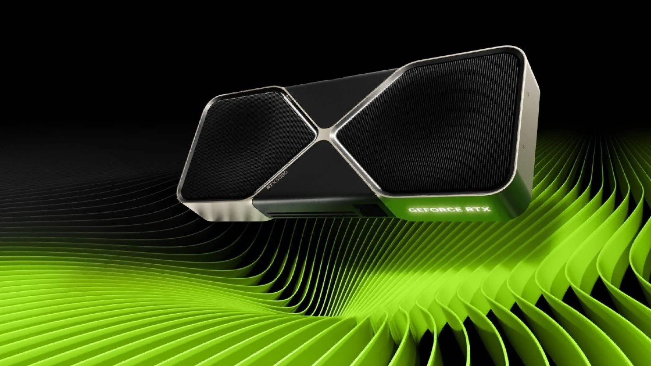 Hình ảnh render card đồ họa Nvidia GeForce RTX 5080, đại diện cho vấn nạn &quot;paper launch&quot; và tình trạng khan hiếm linh kiện PC