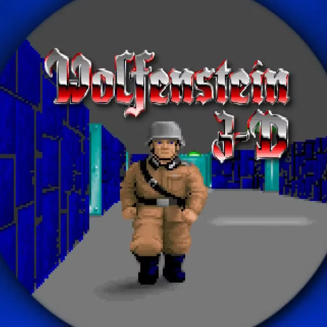 Hình ảnh sản phẩm của game Wolfenstein 3D, với nhân vật chính đang đối mặt với kẻ thù trong một hành lang