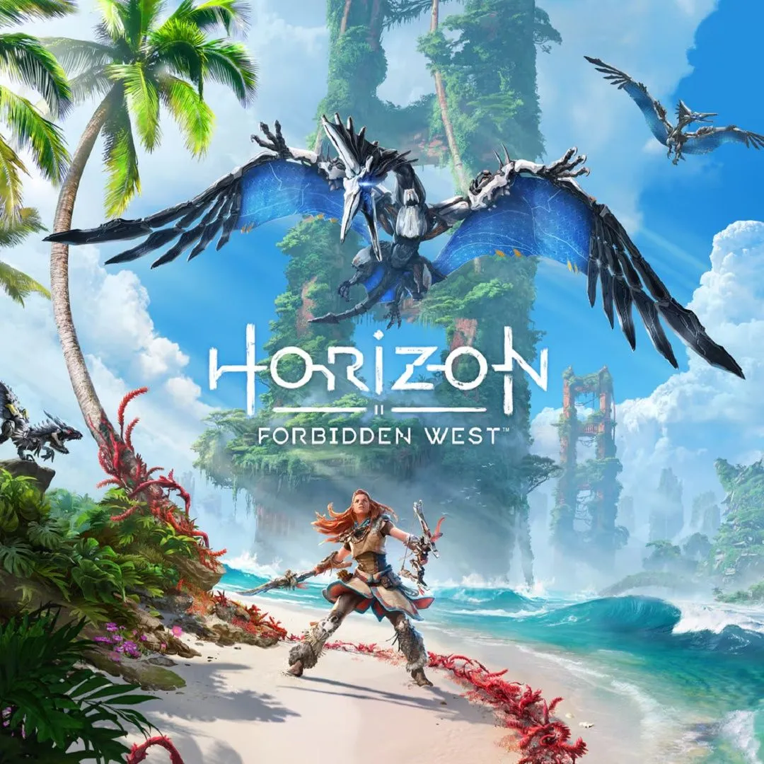 Hình ảnh sản phẩm game Horizon Forbidden West, Aloy đối mặt với một cỗ máy khổng lồ trong một môi trường tươi tốt nhưng nguy hiểm.