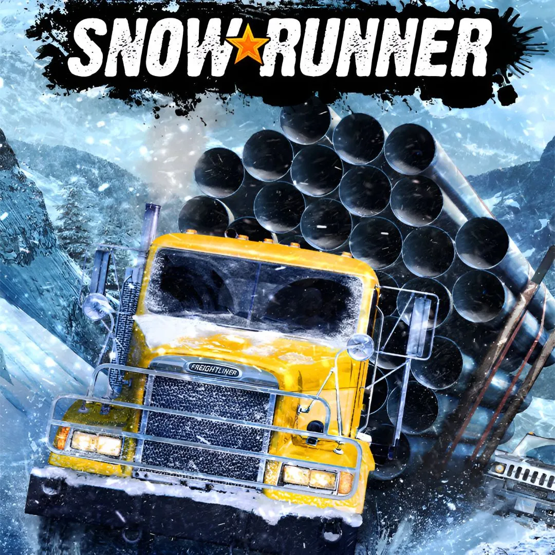 Hình ảnh sản phẩm game SnowRunner, chiếc xe tải vượt địa hình khắc nghiệt đầy tuyết và bùn.