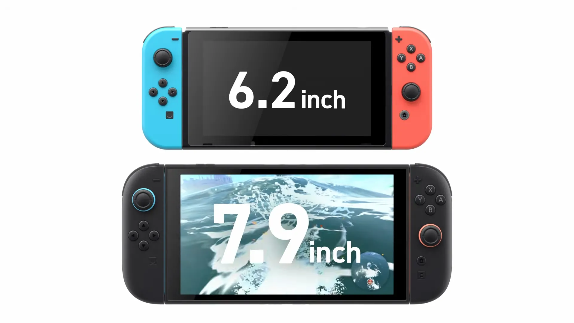 Hình ảnh so sánh kích thước màn hình Nintendo Switch và Switch 2 trong chế độ cầm tay