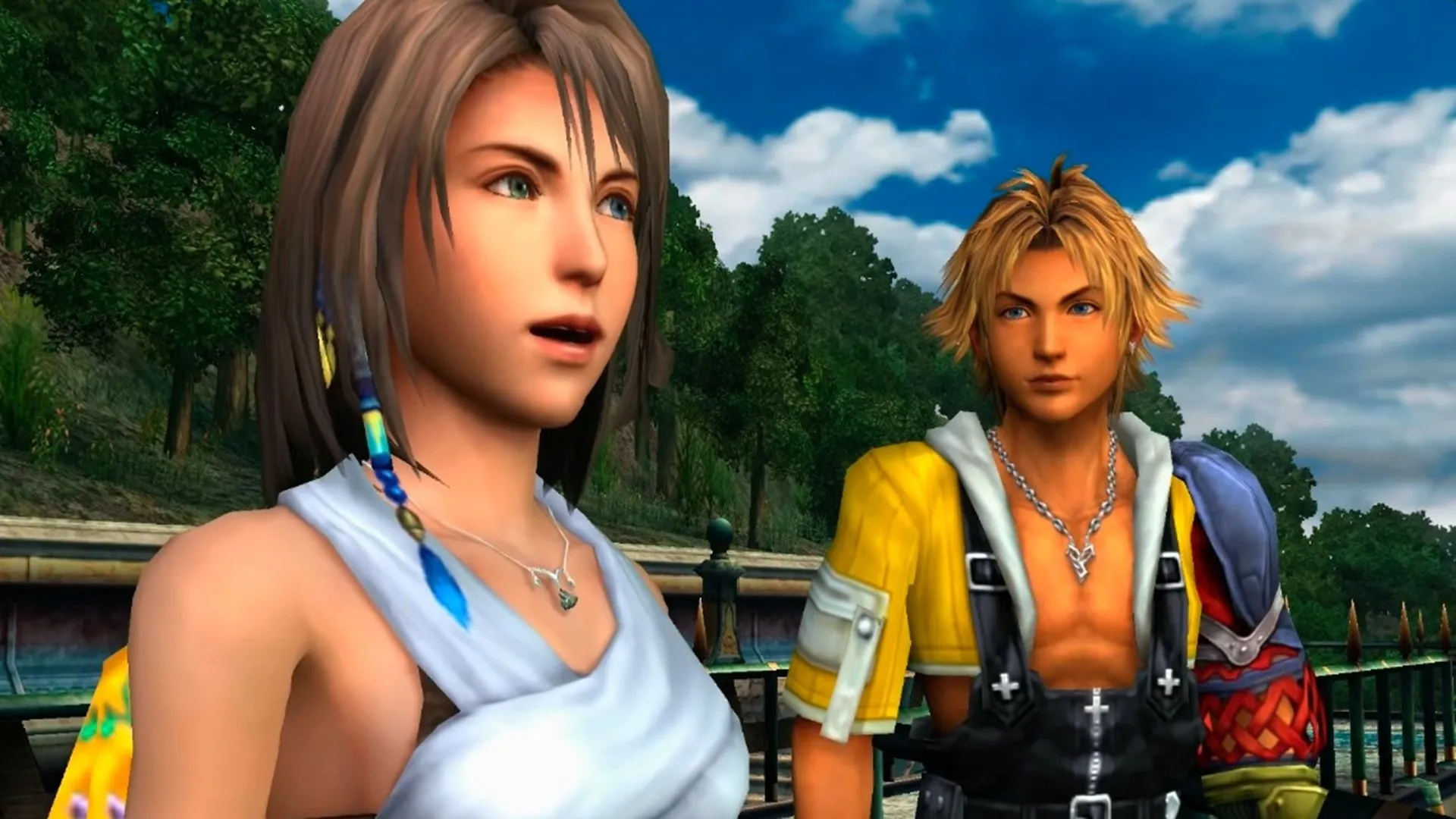 Hình ảnh Tidus và Yuna cùng nhau cười gượng gạo trong Final Fantasy X, ẩn chứa nhiều cảm xúc