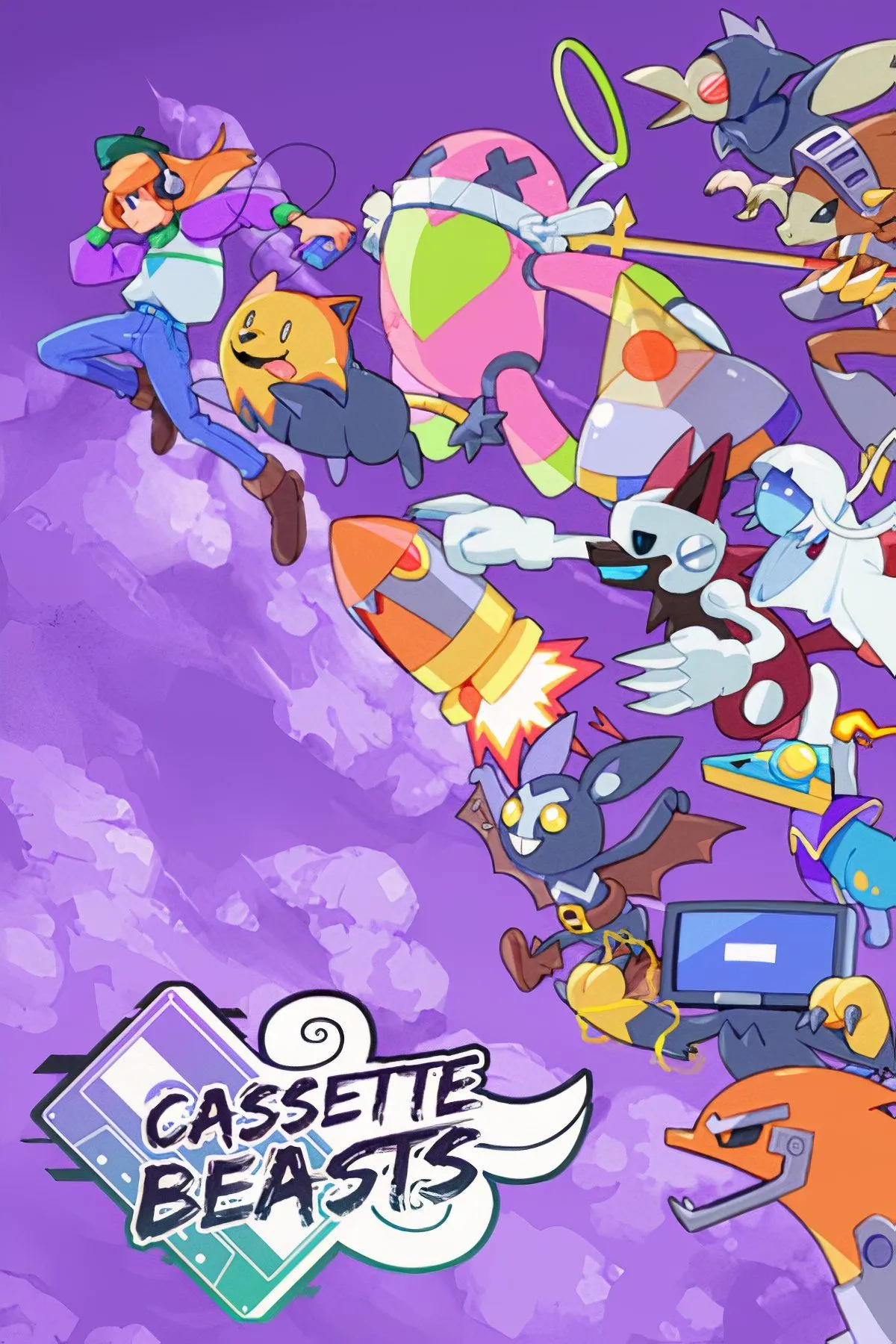 Hình ảnh tổng hợp các cảnh trong game Cassette Beasts, thể hiện đồ họa pixel art và cơ chế chiến đấu thu thập quái vật độc đáo của JRPG này