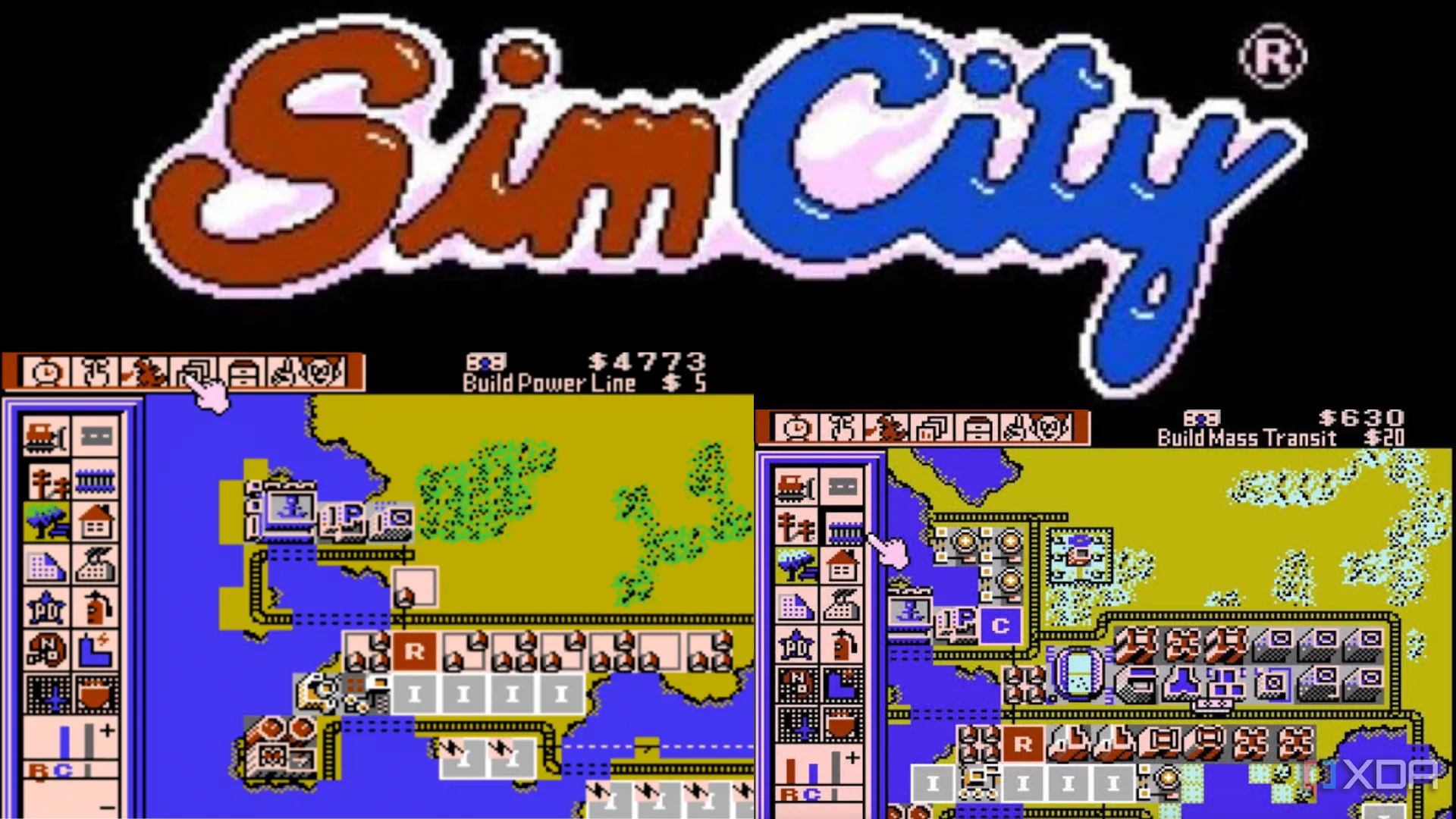 Hình ảnh tổng hợp các màn chơi và logo game SimCity trên SNES, một tựa game xây dựng thành phố cổ điển của Maxis