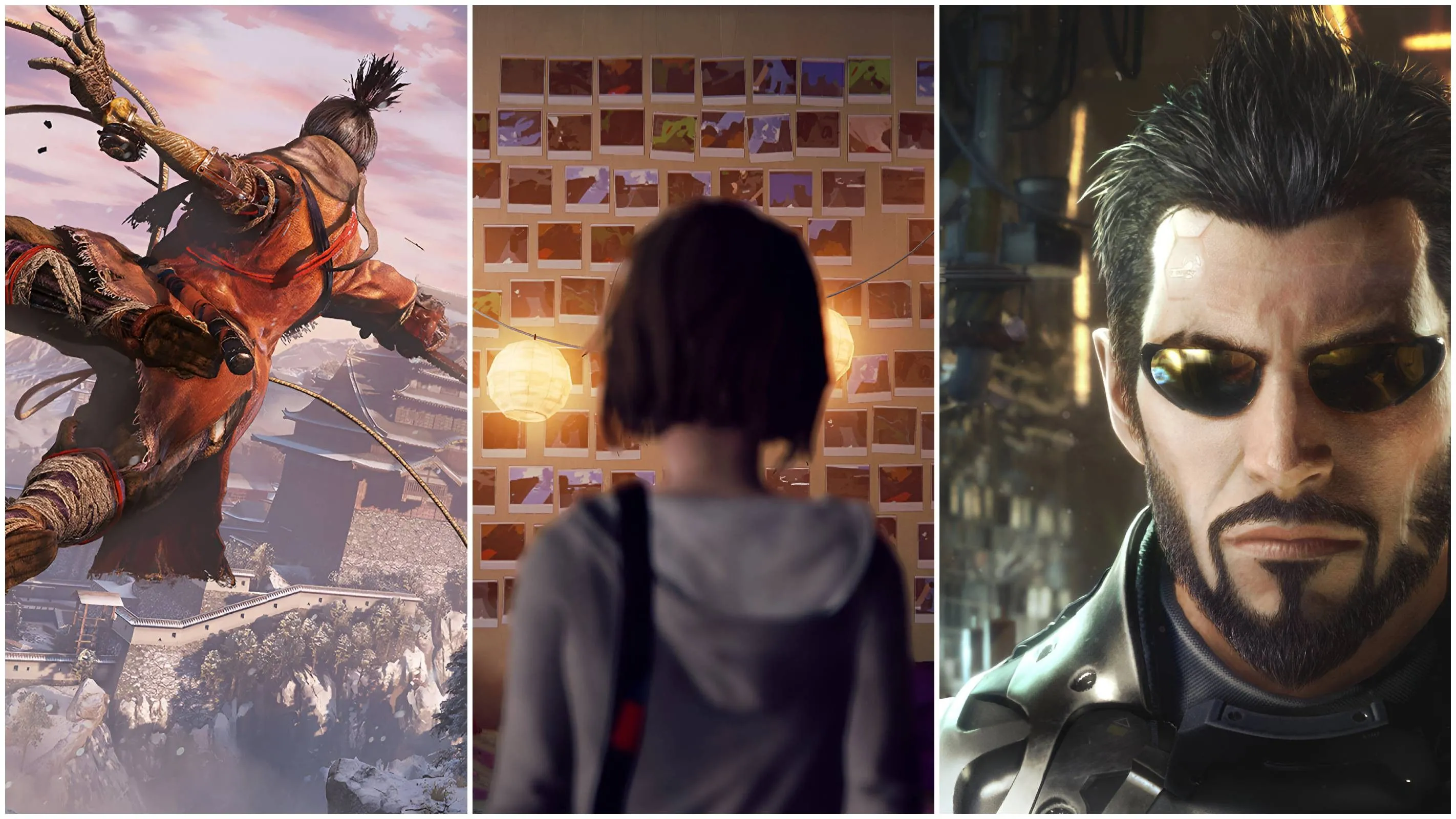 Hình ảnh tổng hợp các nhân vật game nổi tiếng như Wolf (Sekiro), Max (Life is Strange) và Adam Jensen (Deus Ex), tượng trưng cho sự đa dạng của thế giới game