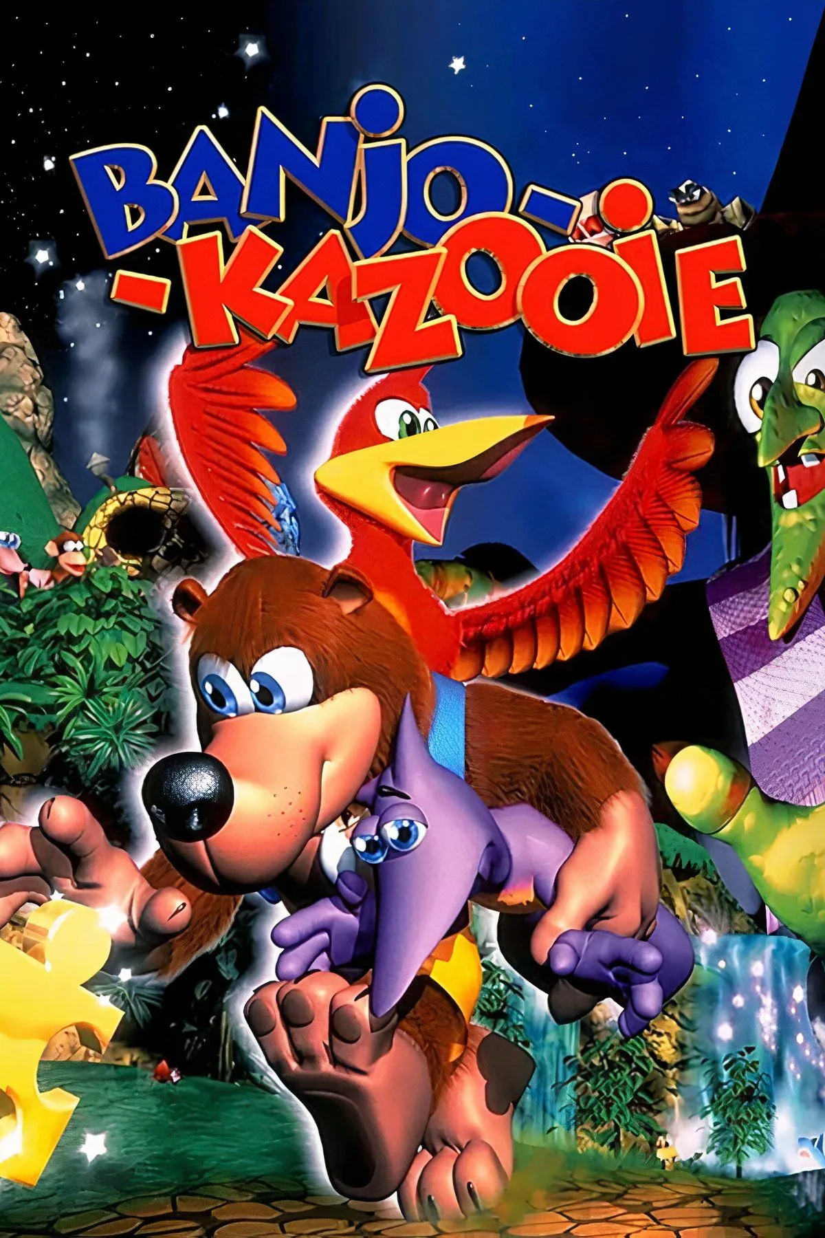 Hình ảnh tổng hợp gameplay của Banjo-Kazooie, thể hiện thế giới platformer 3D đầy màu sắc