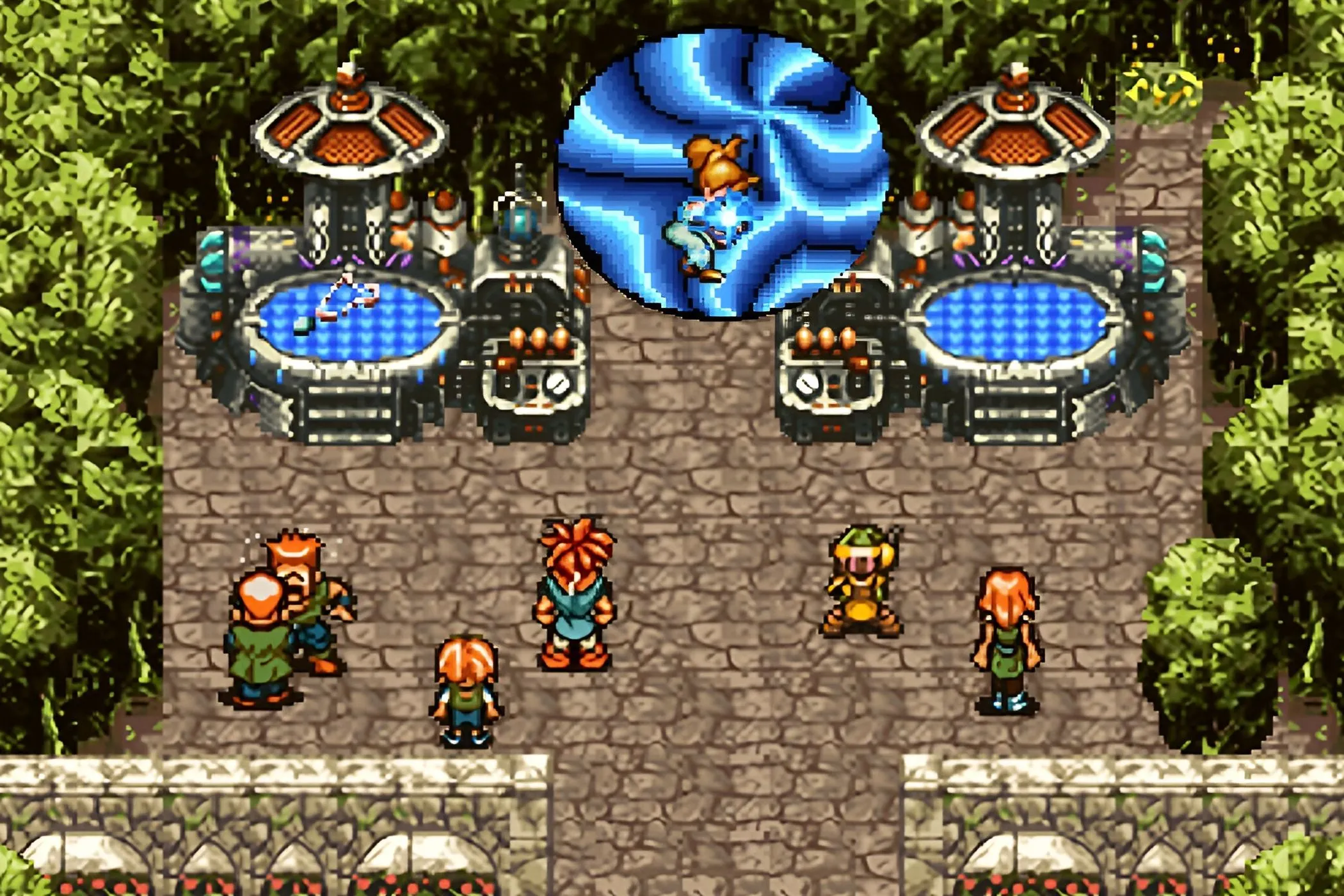 Hình ảnh trong game Chrono Trigger thể hiện các nhân vật 2D trước cổng dịch chuyển thời gian màu xanh